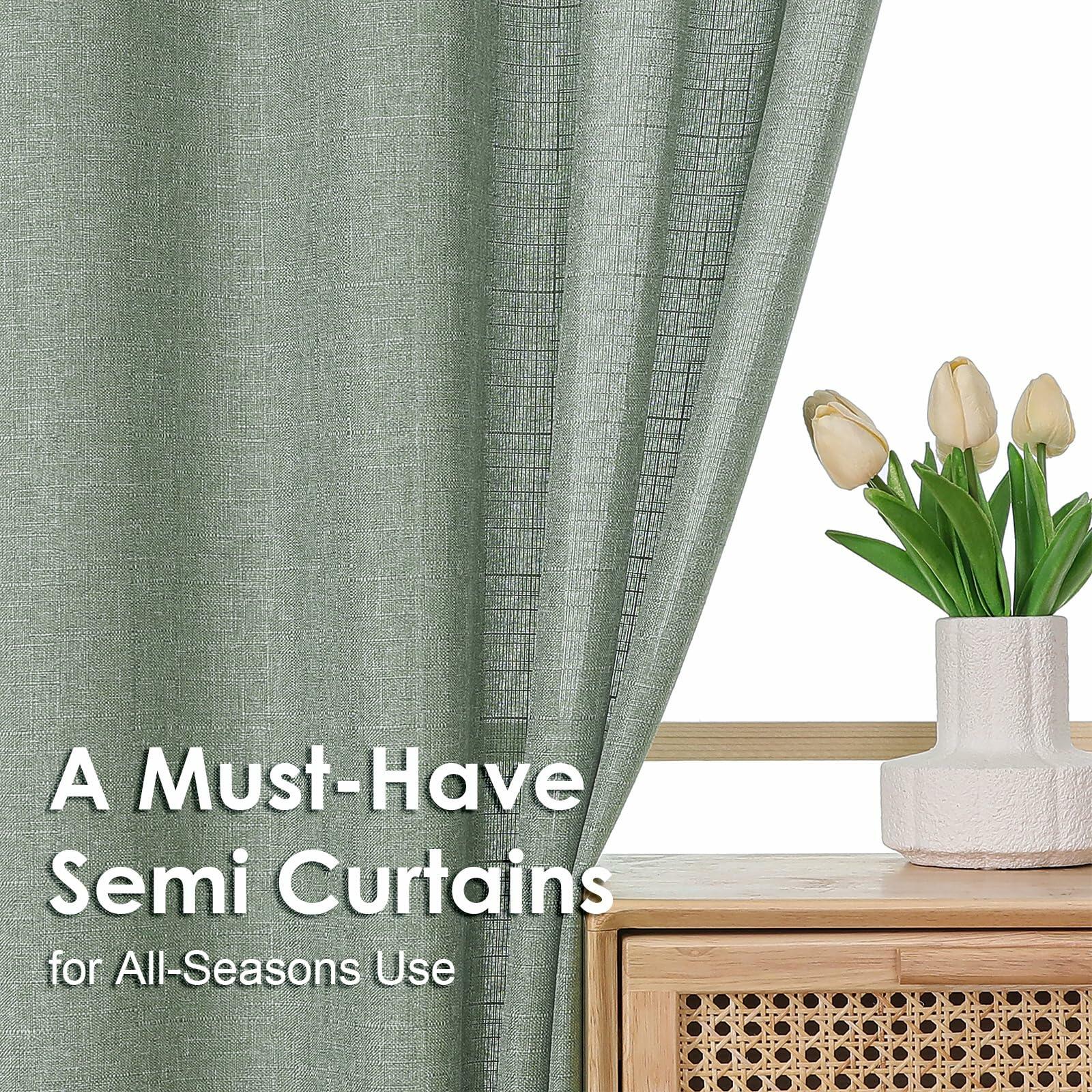 OVZME Green Curtains 40x96in 2 Panels Light Filtering Faux Linen Set