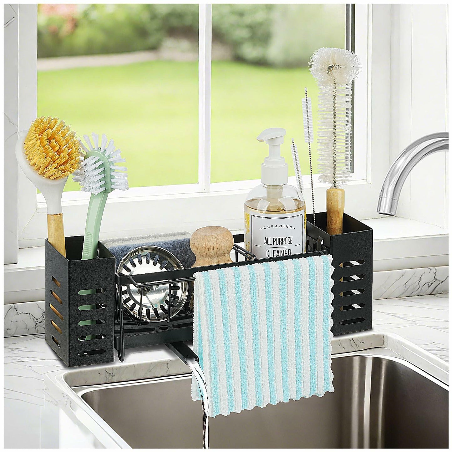 LBTING Sink Caddy Kitchen Organizer with 2 Brush Slots Black Carbon Steel