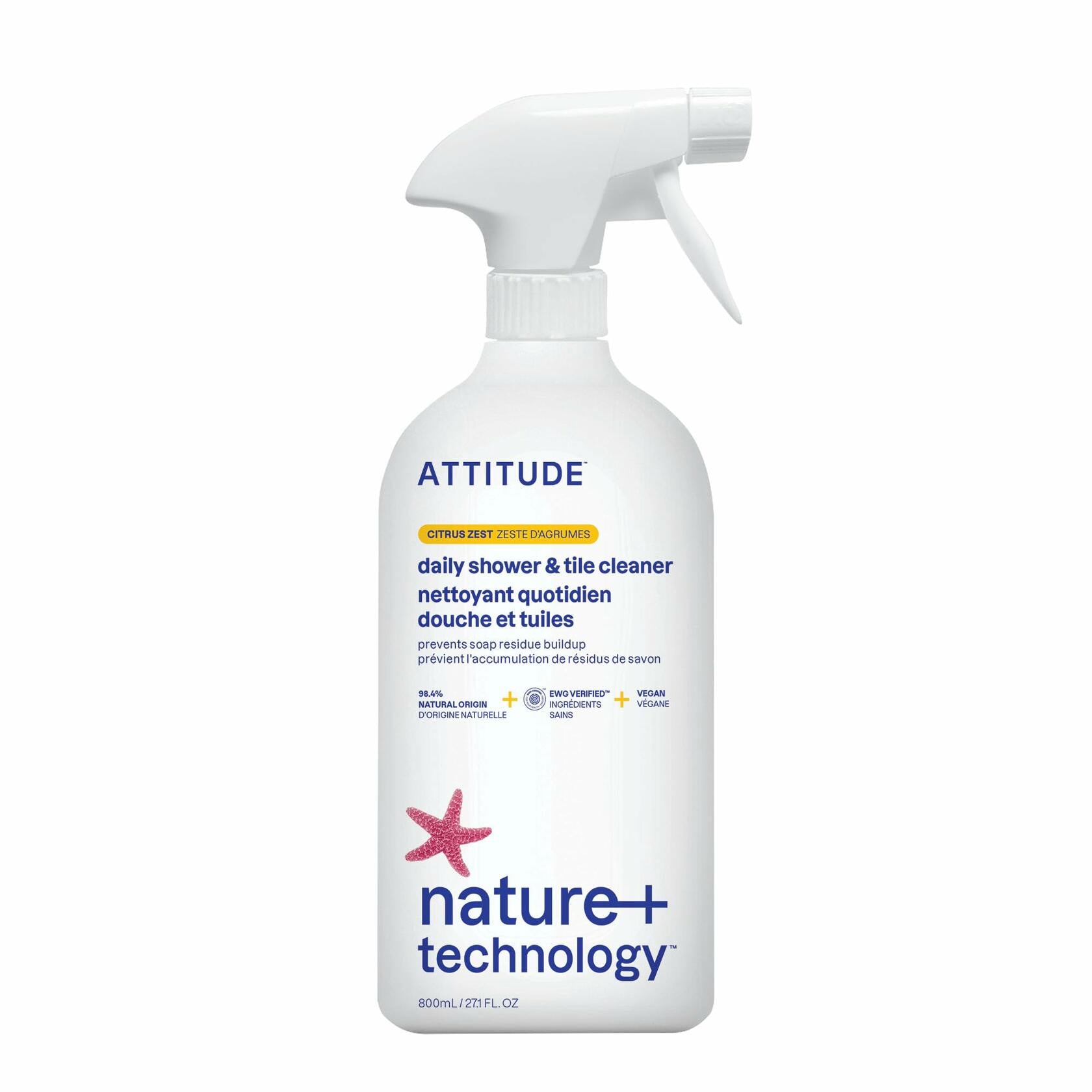 ATTITUDE Shower & Tile Cleaner Citrus Zest, EWG Verified, 27.1 Fl Oz
