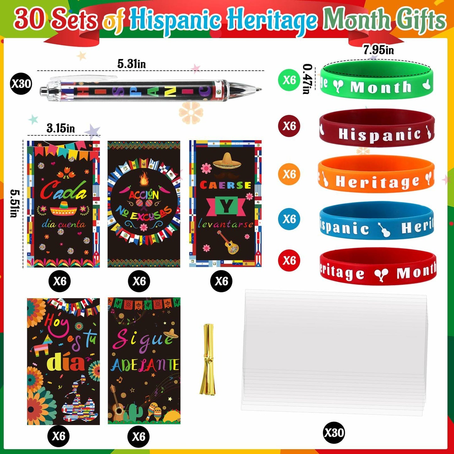 MUOUAKATE 90 Pcs Hispanic Month Party Favors Silicone Bracelets Pens