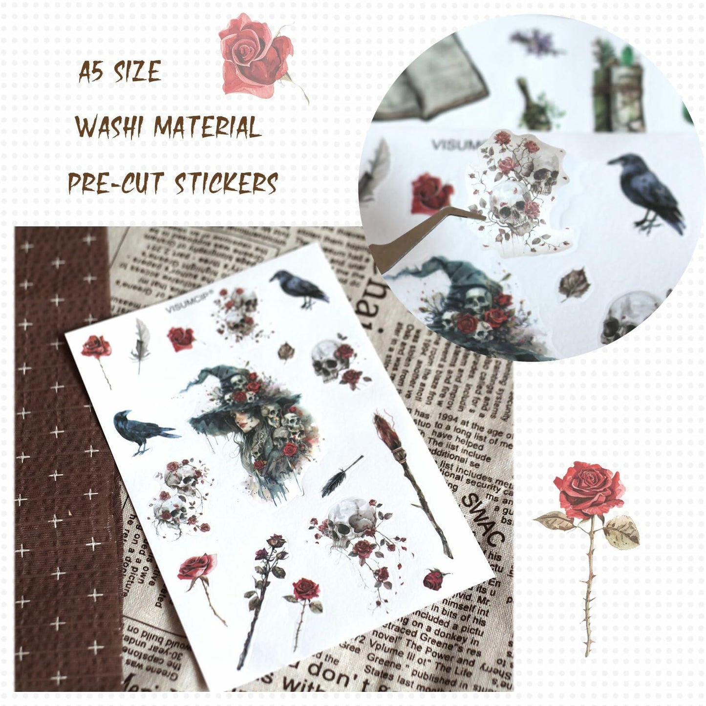 VISUMCIP Witch Stickers 10 Sheets Pre-Cut Journaling Washi Scrapbooking Magic