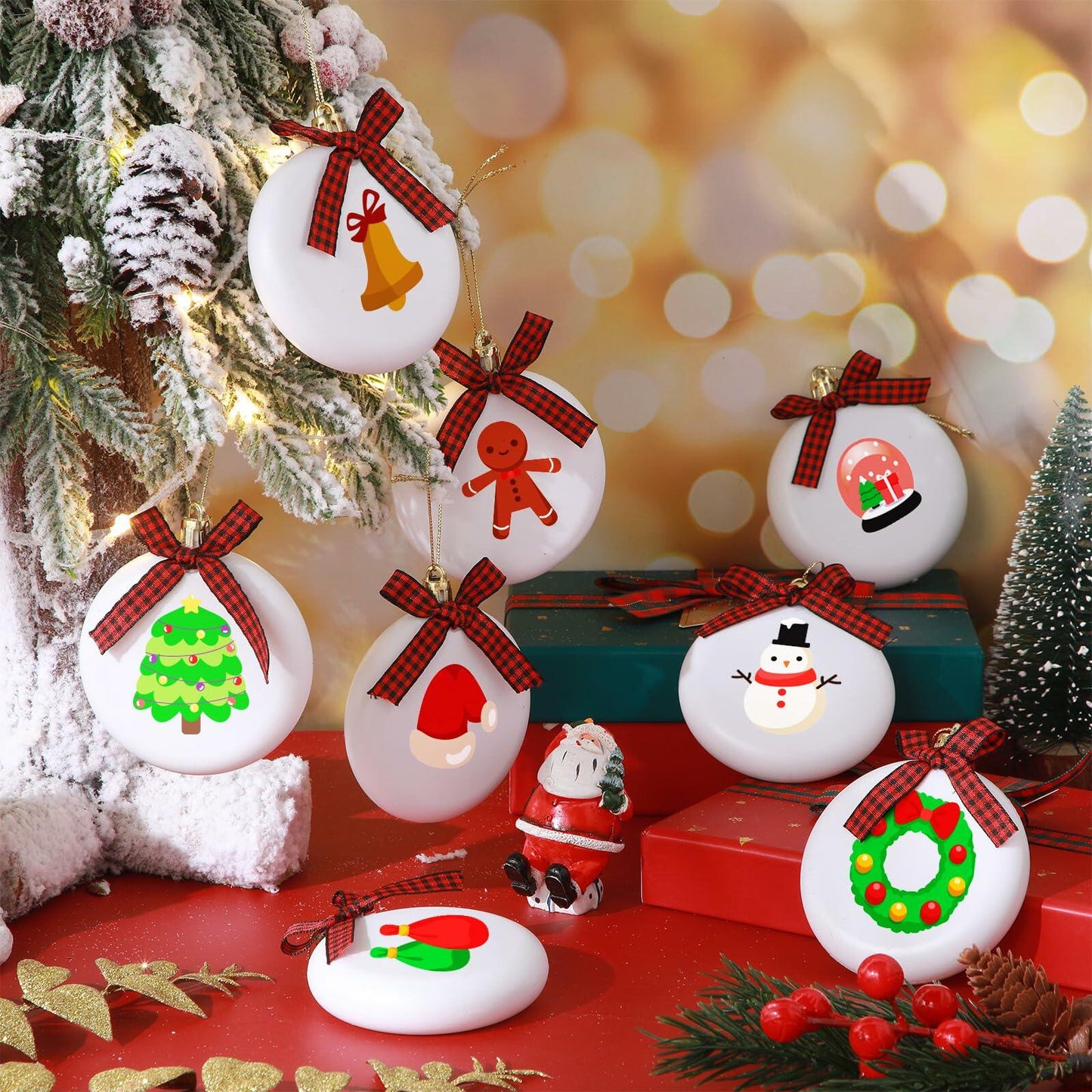 PullCrease 30pcs Blank Matte White Buffalo Plaid Christmas Ornaments Gold Rope