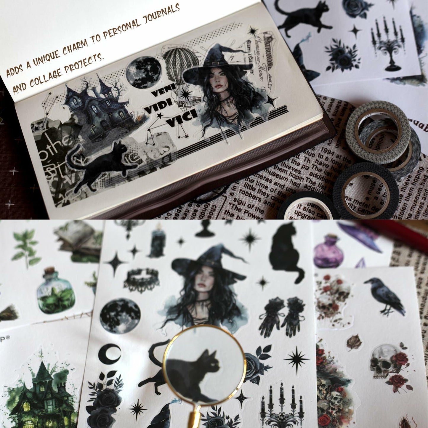 VISUMCIP Witch Stickers 10 Sheets Pre-Cut Journaling Washi Scrapbooking Magic