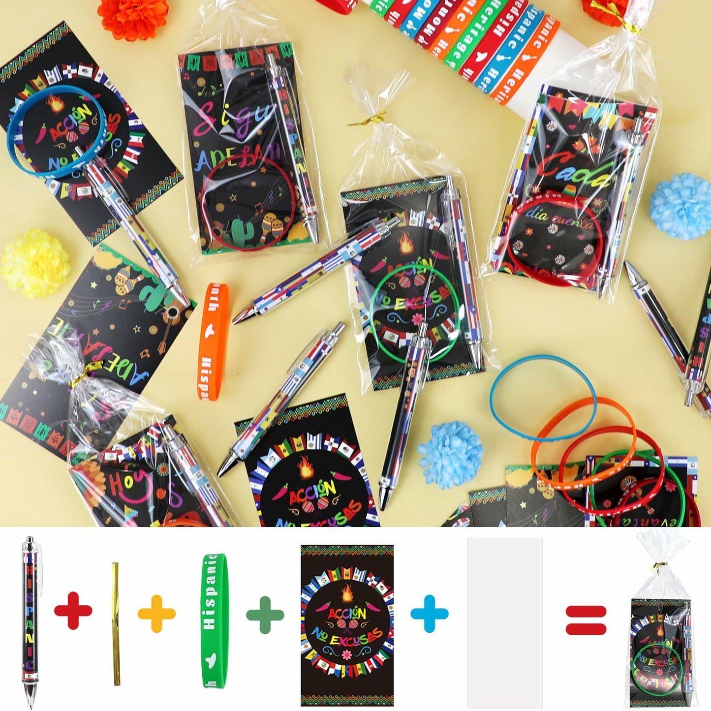 MUOUAKATE 90 Pcs Hispanic Month Party Favors Silicone Bracelets Pens
