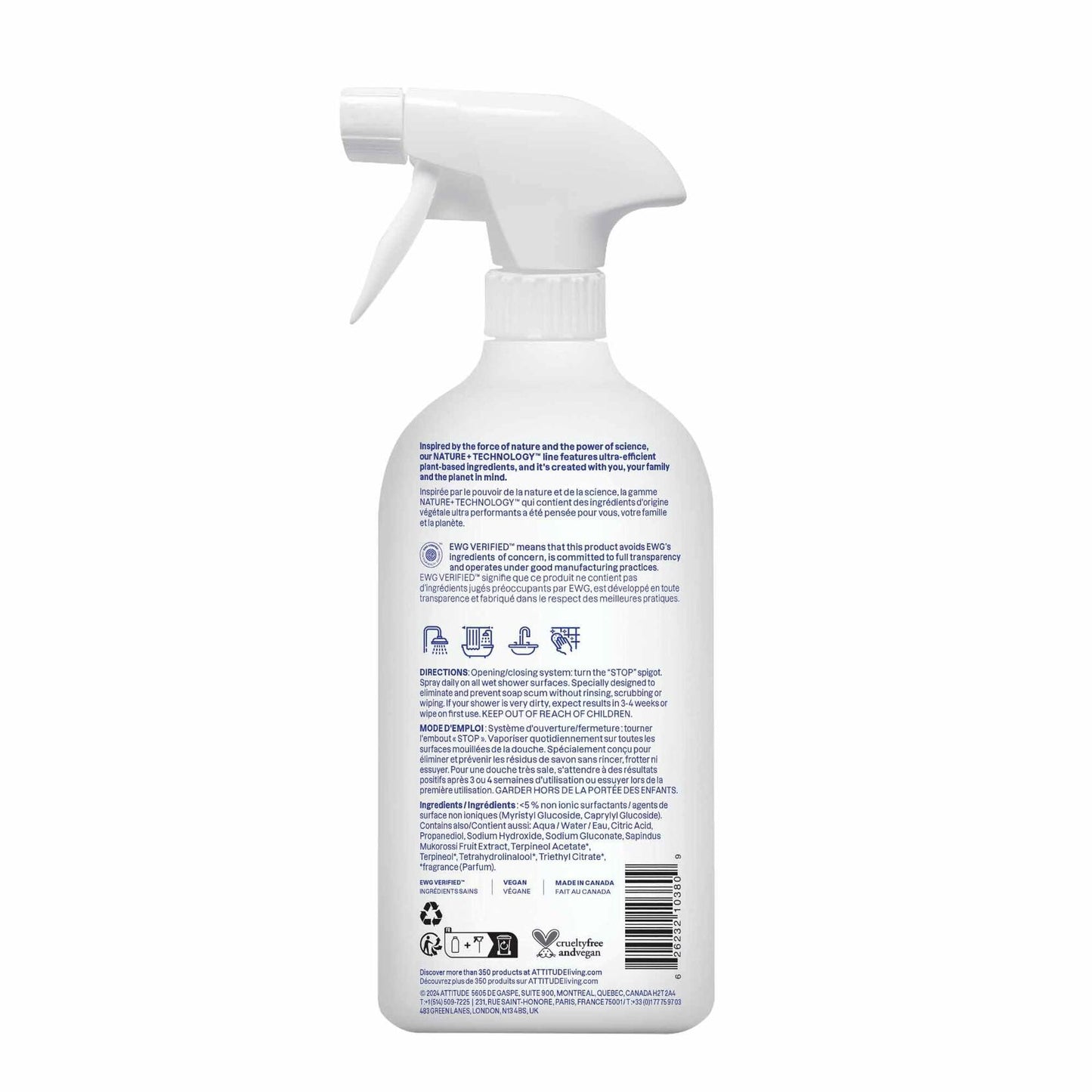 ATTITUDE Shower & Tile Cleaner Citrus Zest, EWG Verified, 27.1 Fl Oz