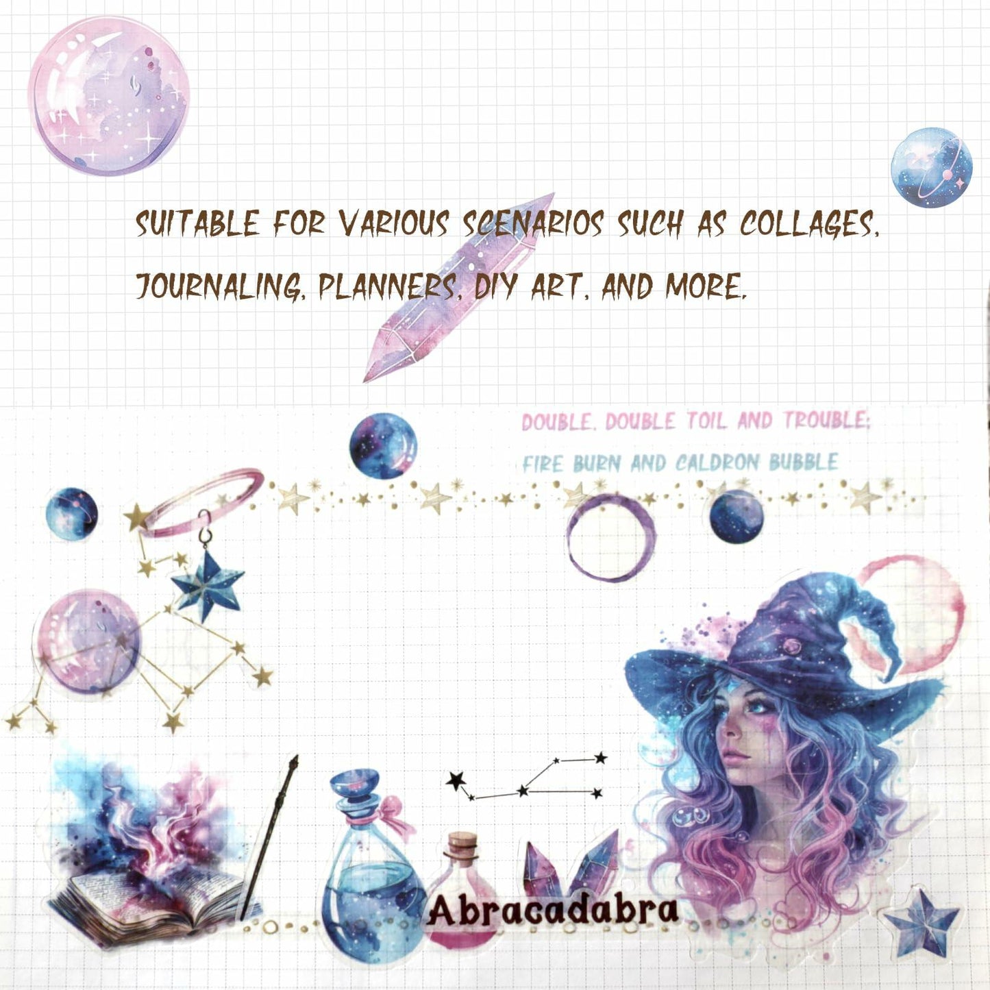 VISUMCIP Witch Stickers 10 Sheets Pre-Cut Journaling Washi Scrapbooking Magic