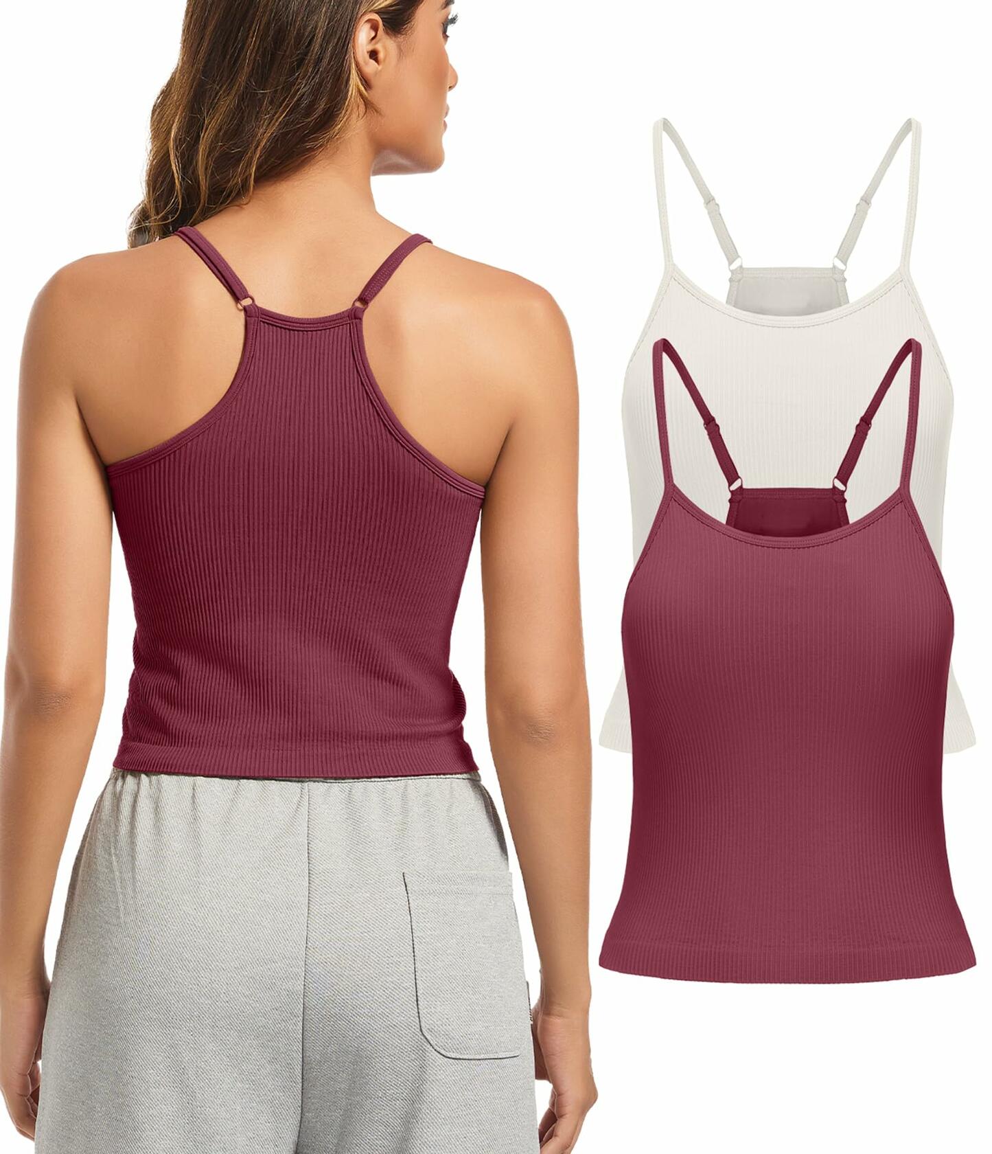 OVESPORT 2Pack Workout Tank Tops Women Built-in Bra Seamless Red+White XL