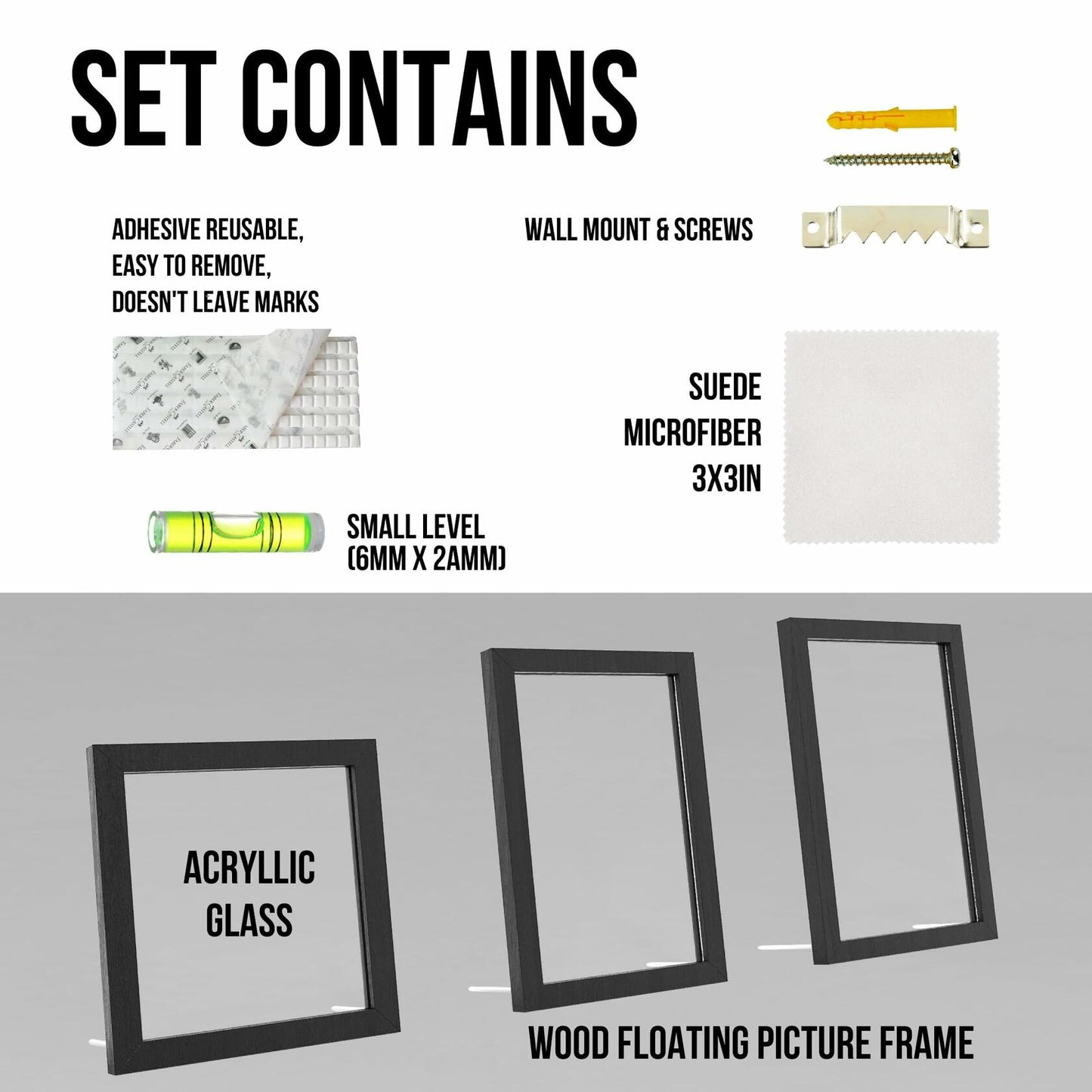 Latile Floating Picture Frames 3 Pc Glass Large Square Black UV Protection