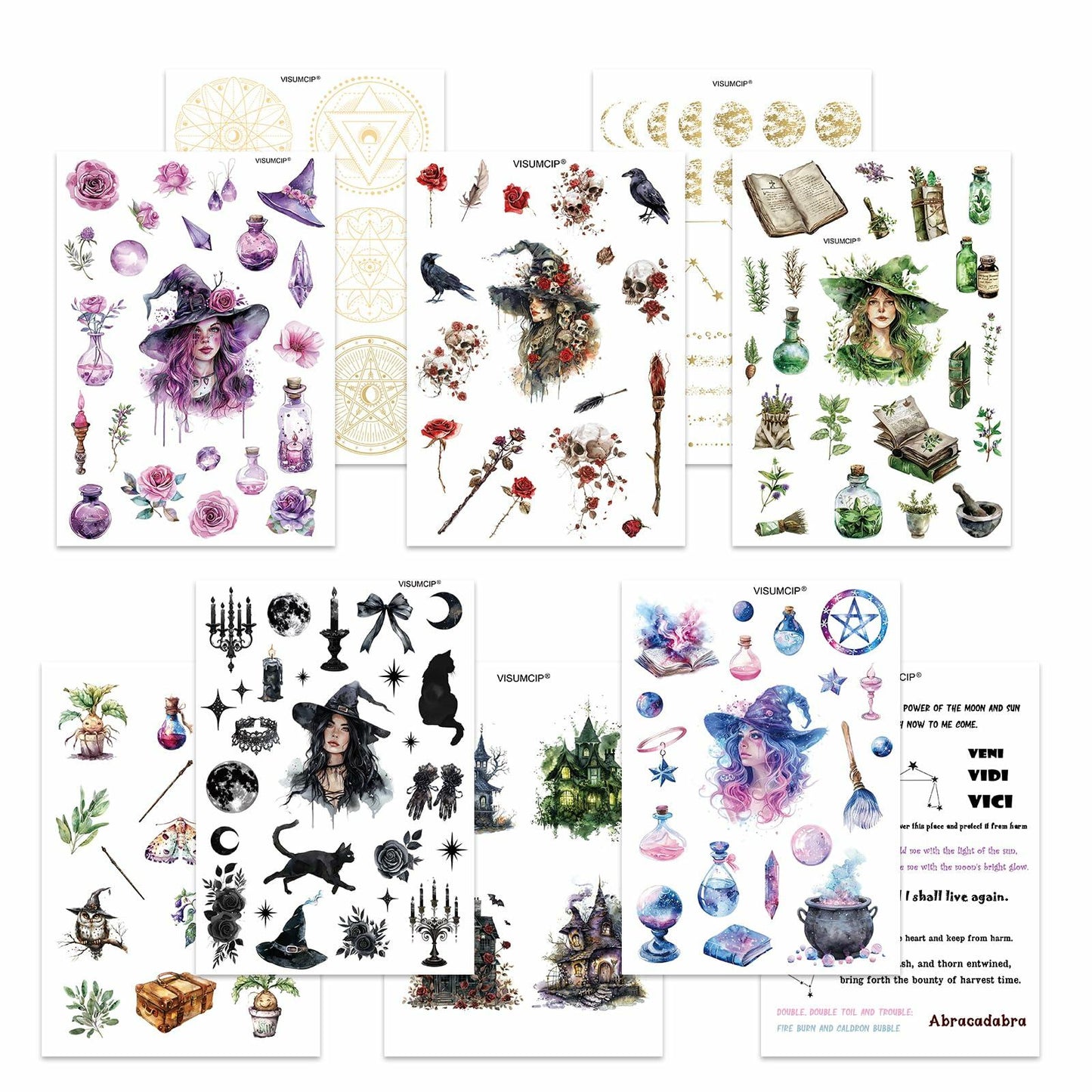 VISUMCIP Witch Stickers 10 Sheets Pre-Cut Journaling Washi Scrapbooking Magic
