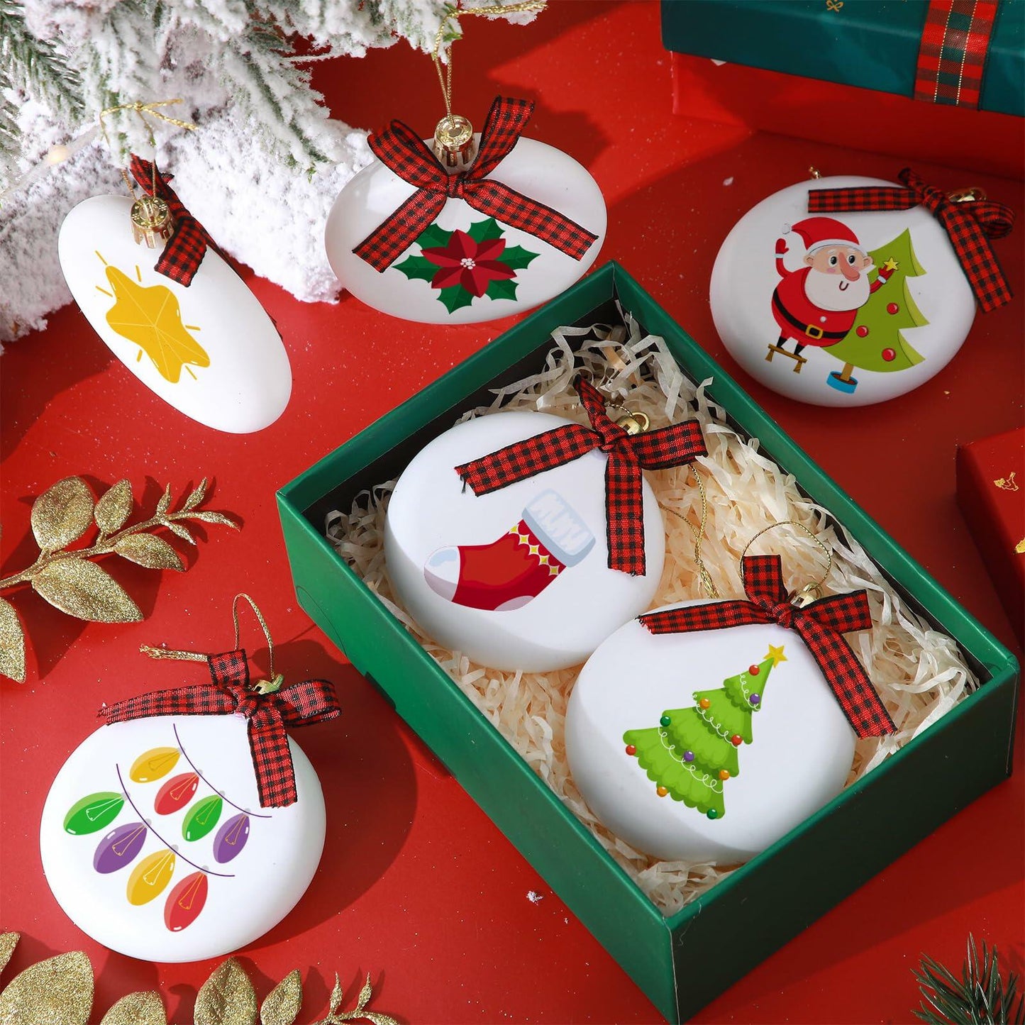 PullCrease 30pcs Blank Matte White Buffalo Plaid Christmas Ornaments Gold Rope