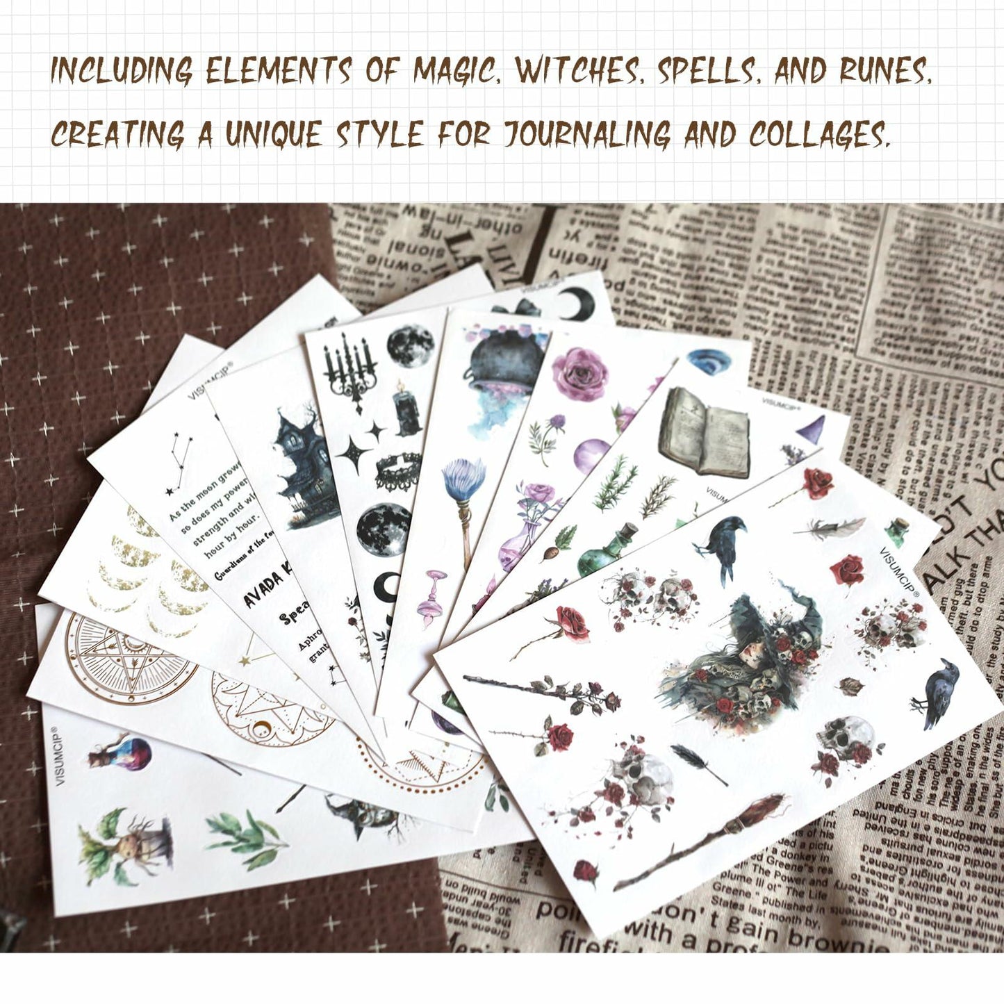 VISUMCIP Witch Stickers 10 Sheets Pre-Cut Journaling Washi Scrapbooking Magic