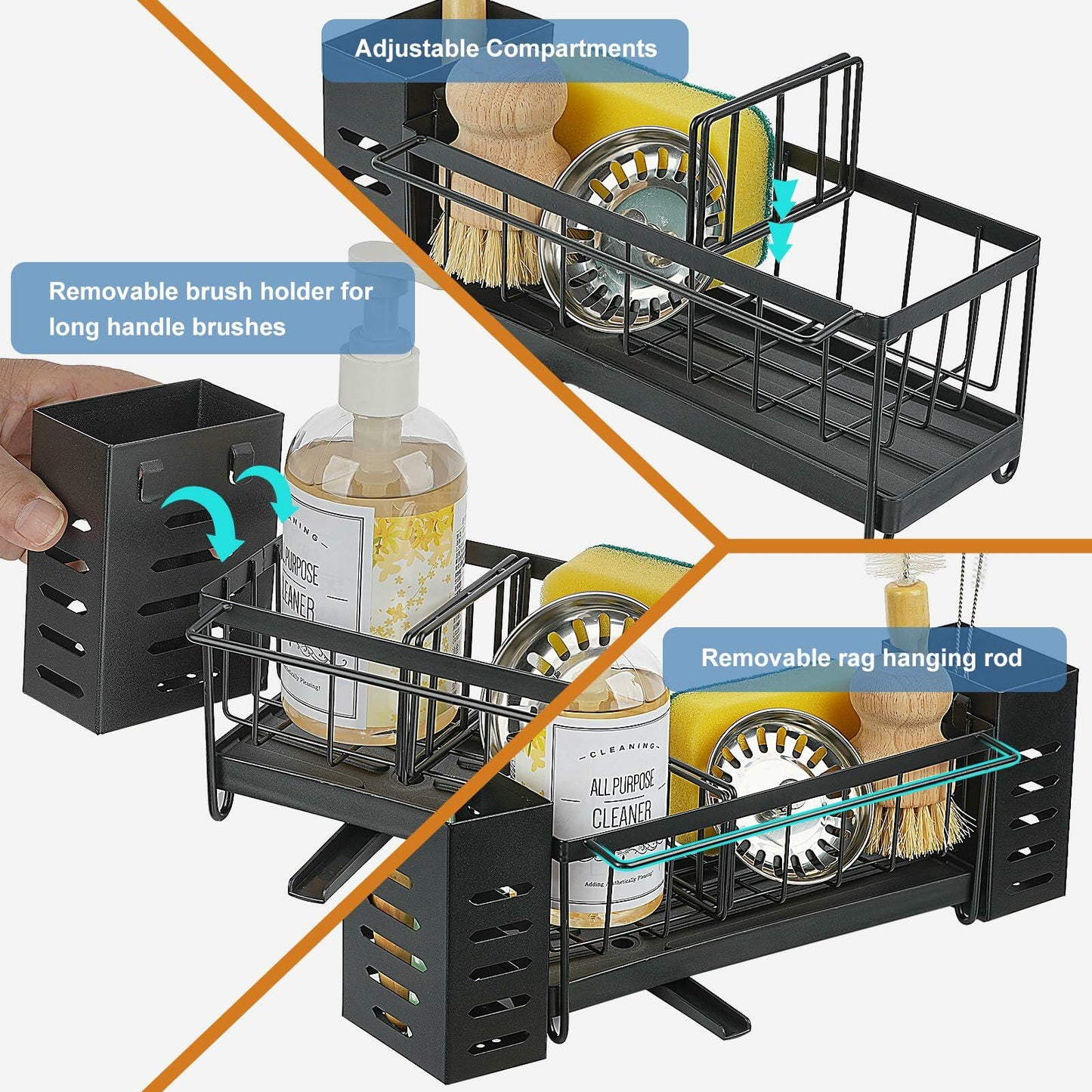 LBTING Sink Caddy Kitchen Organizer with 2 Brush Slots Black Carbon Steel