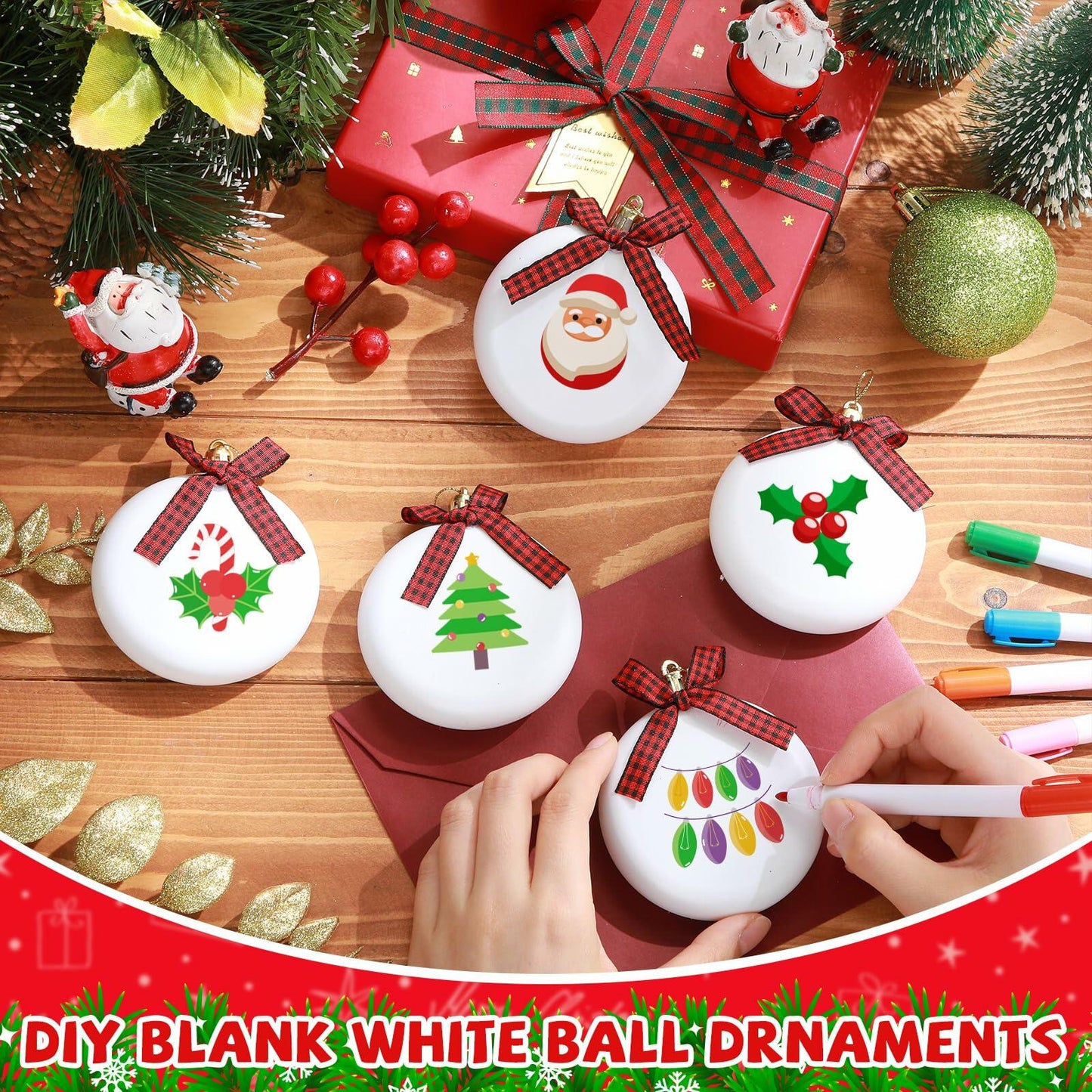 PullCrease 30pcs Blank Matte White Buffalo Plaid Christmas Ornaments Gold Rope