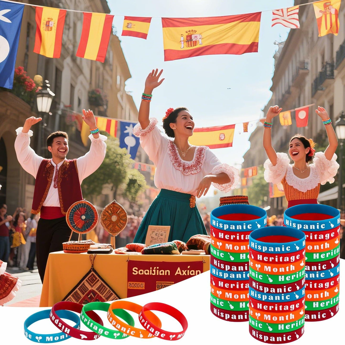 MUOUAKATE 90 Pcs Hispanic Month Party Favors Silicone Bracelets Pens