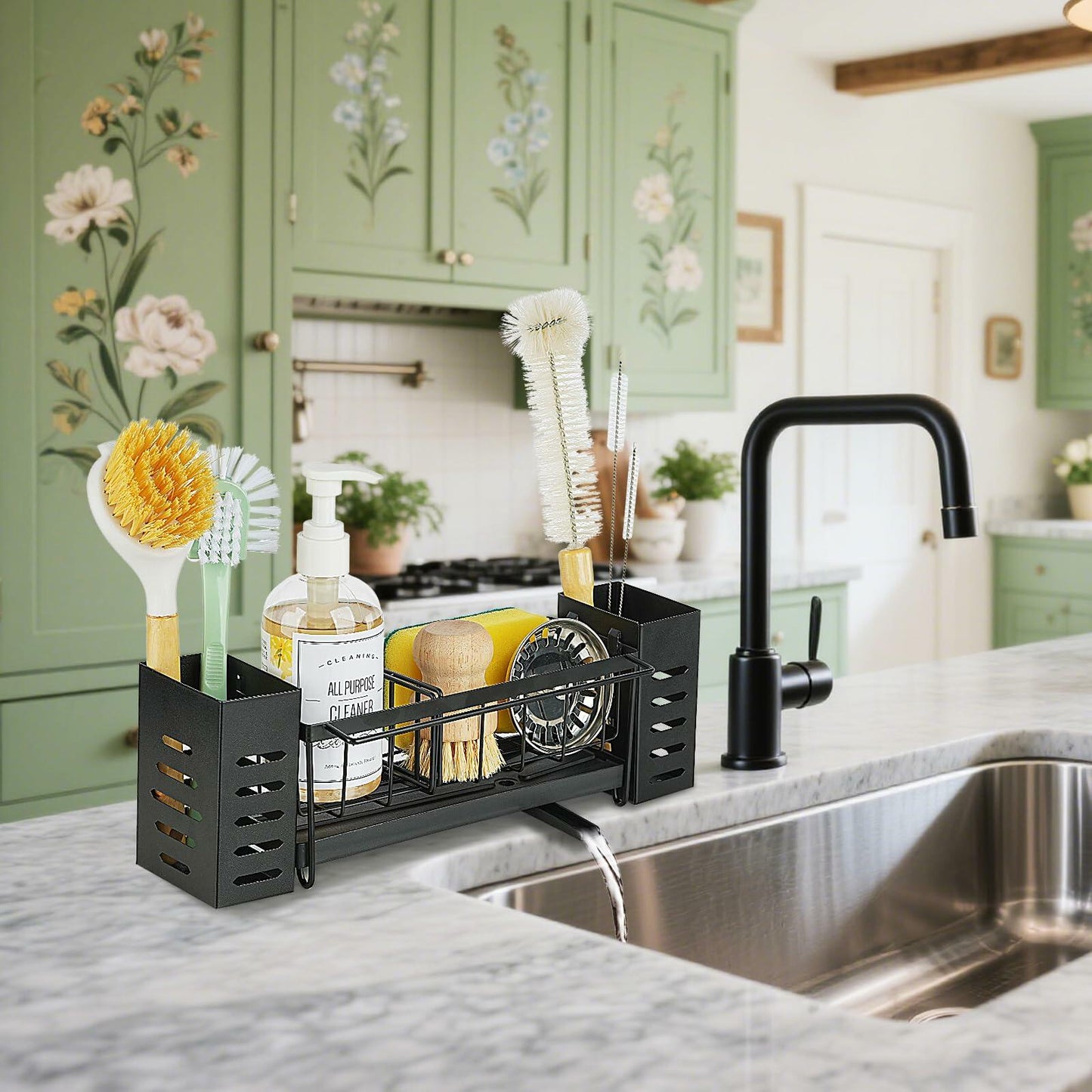 LBTING Sink Caddy Kitchen Organizer with 2 Brush Slots Black Carbon Steel