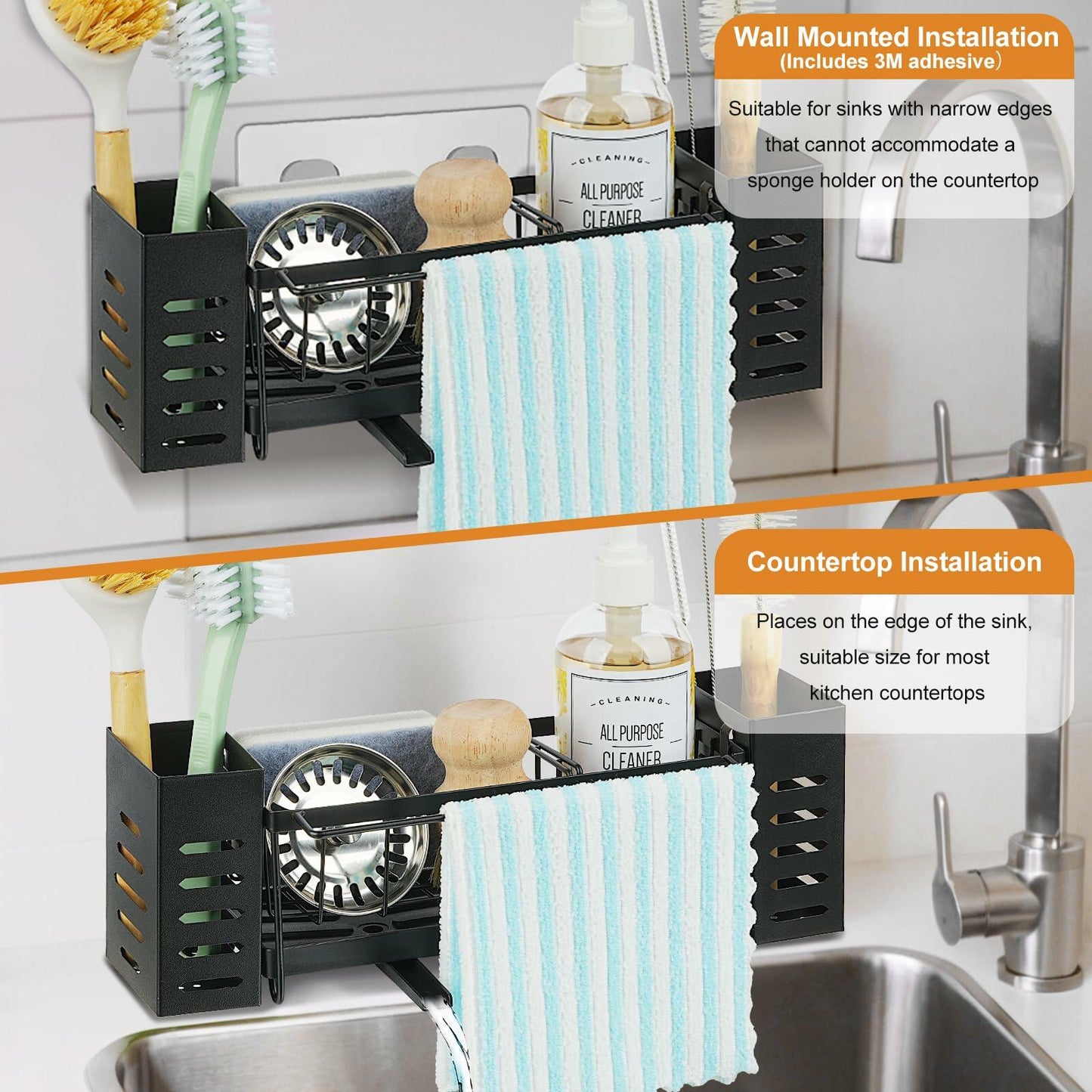 LBTING Sink Caddy Kitchen Organizer with 2 Brush Slots Black Carbon Steel