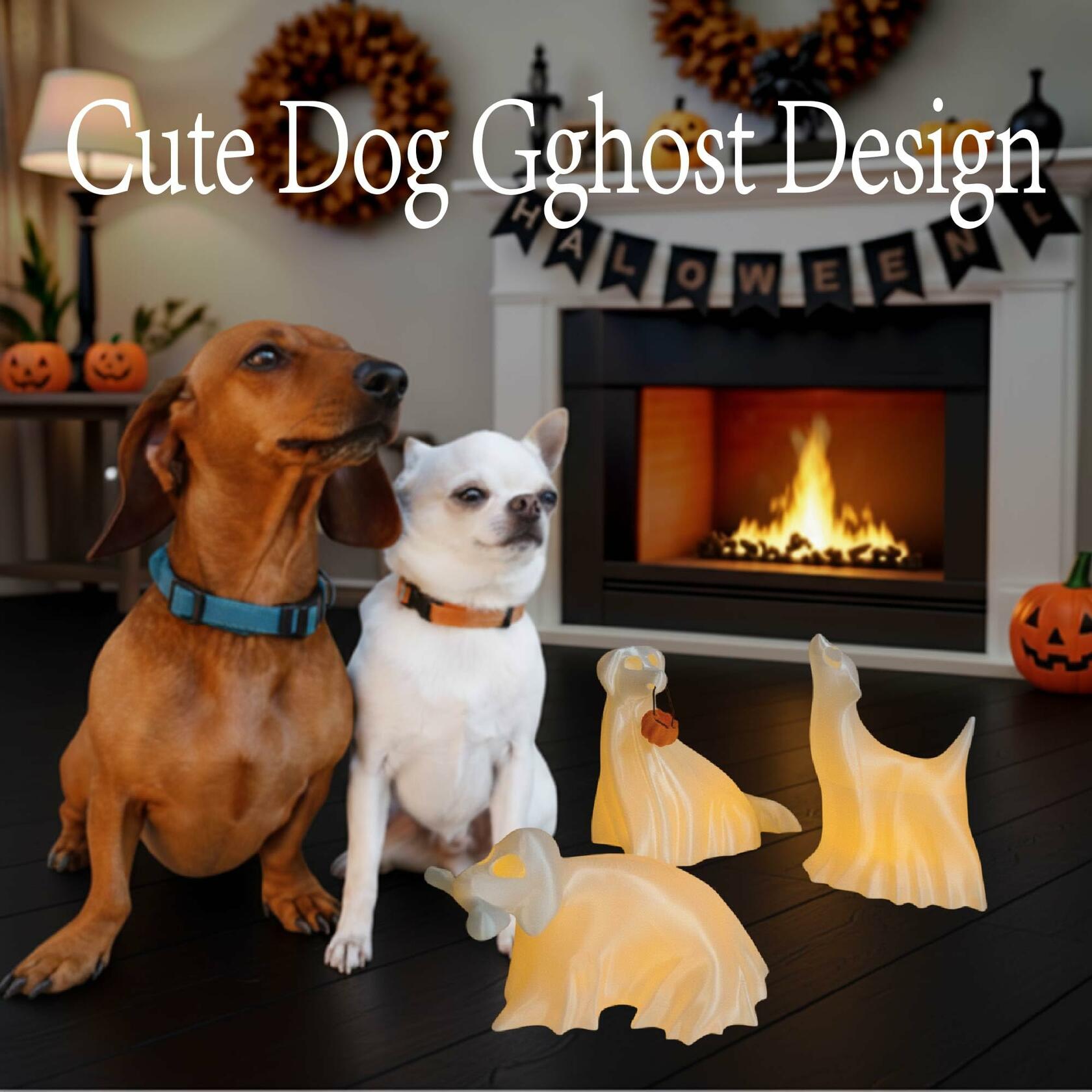 Roowest Light Up Halloween Ghost Dog Figurines Set of 3 White