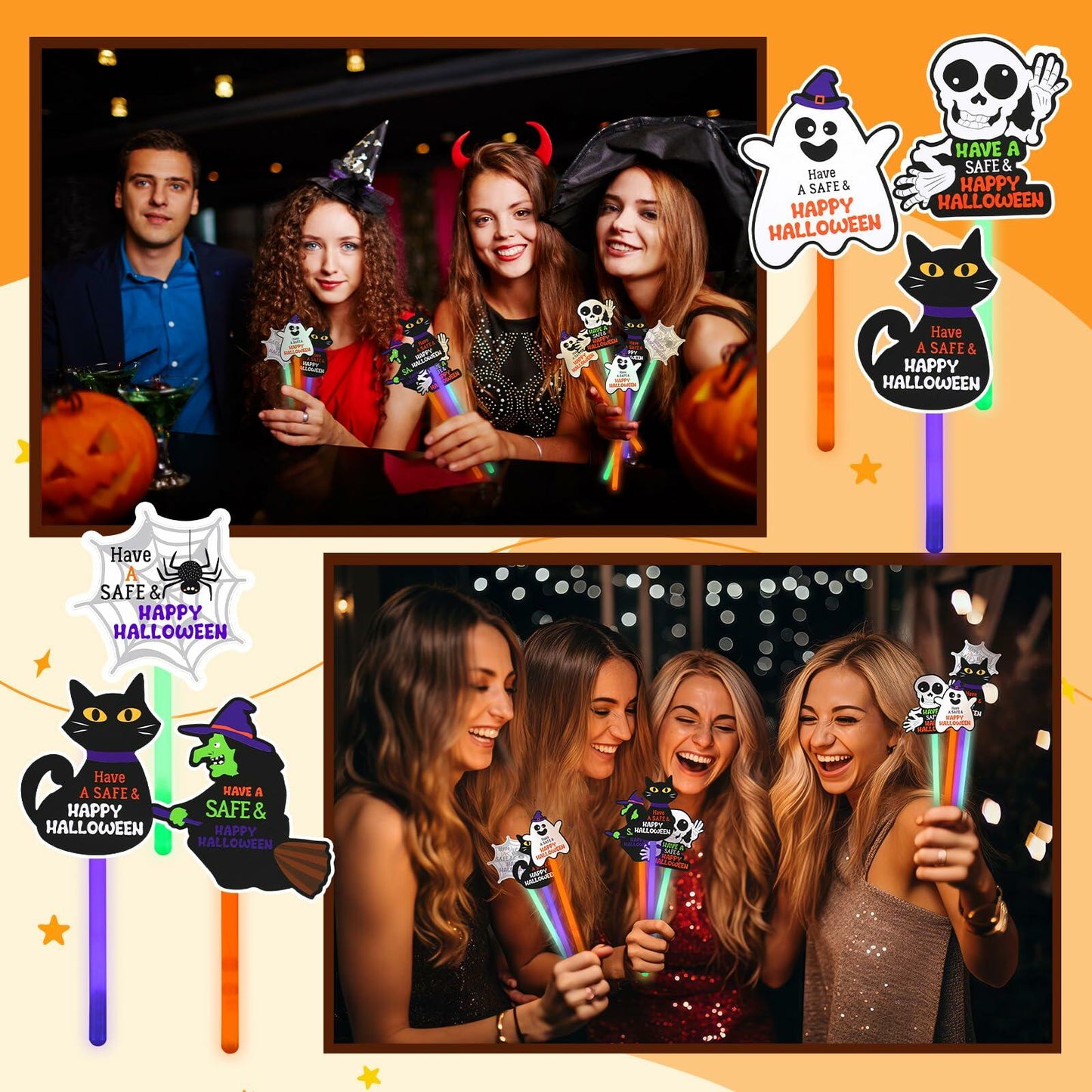 Realspring 24 Pcs Halloween Glow Sticks Purple Green Orange 0.4x7.8 Inch