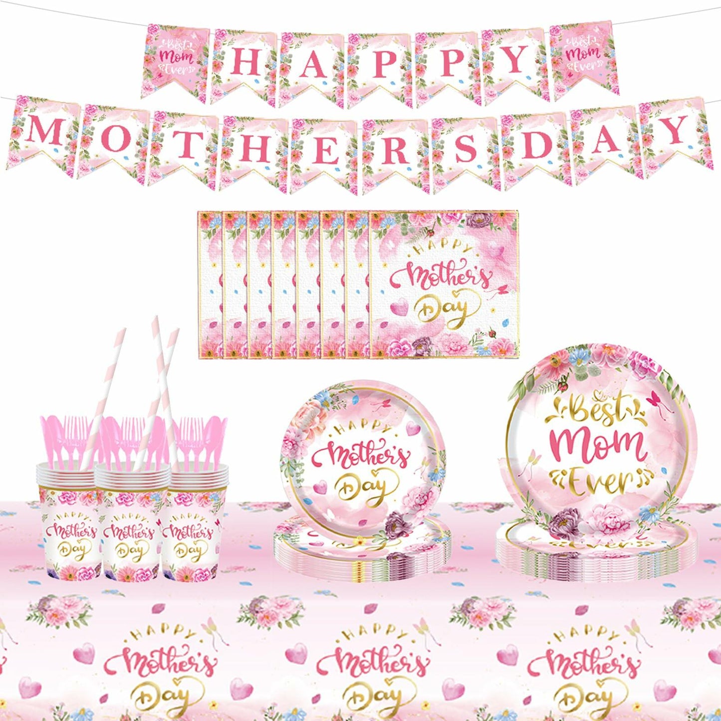 Janinus 162PCS Mothers Day Party Supplies Banner Tablecloth Heart Floral