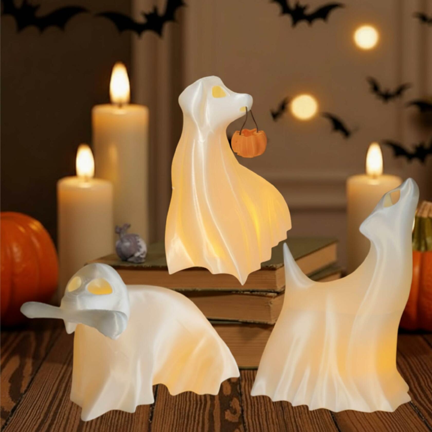 Roowest Light Up Halloween Ghost Dog Figurines Set of 3 White