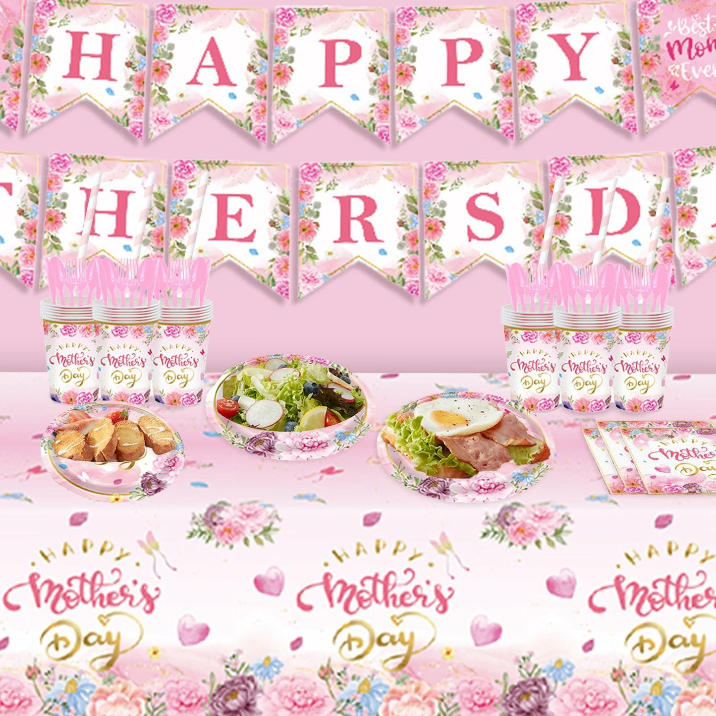 Janinus 162PCS Mothers Day Party Supplies Banner Tablecloth Heart Floral