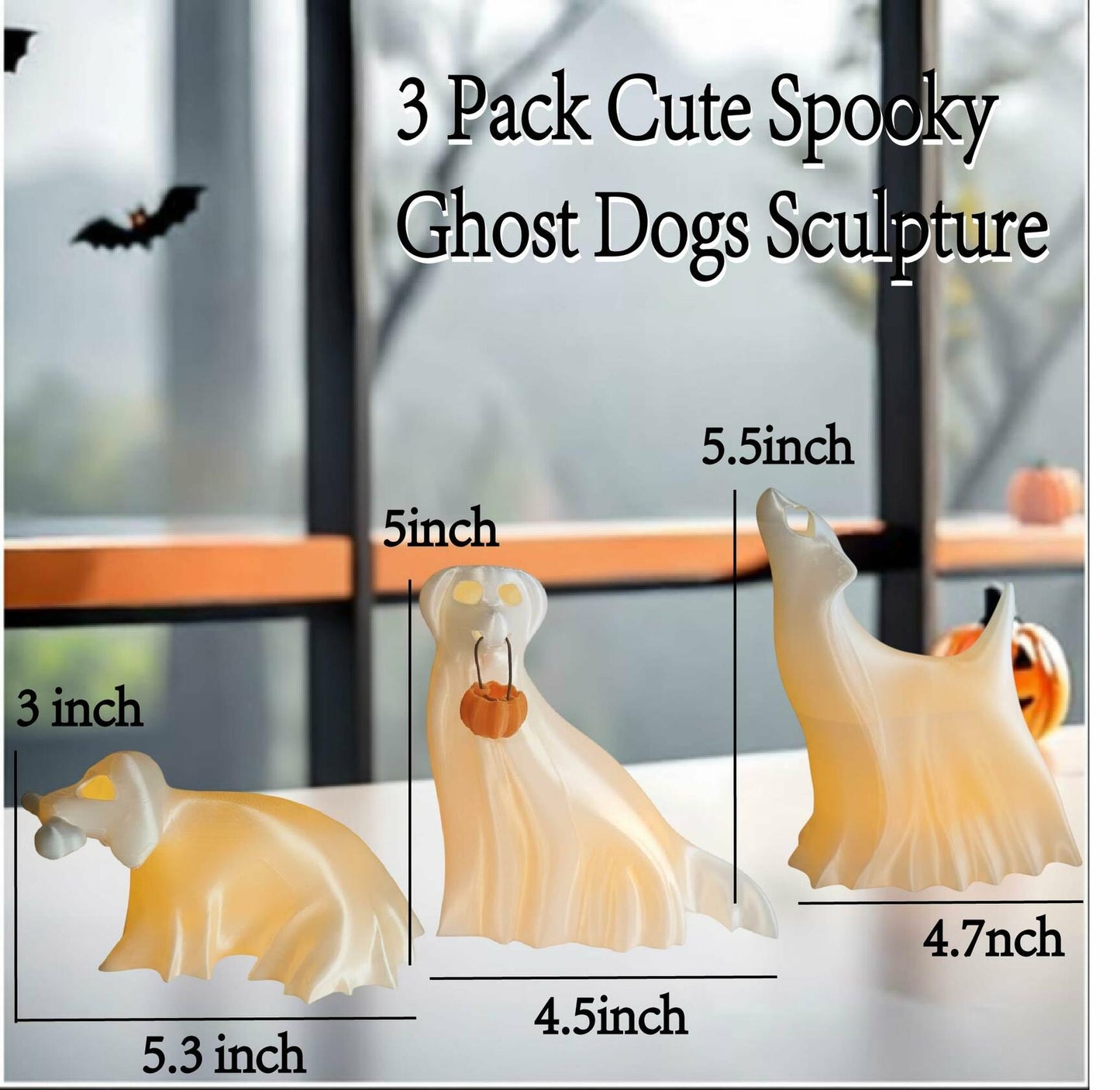 Roowest Light Up Halloween Ghost Dog Figurines Set of 3 White