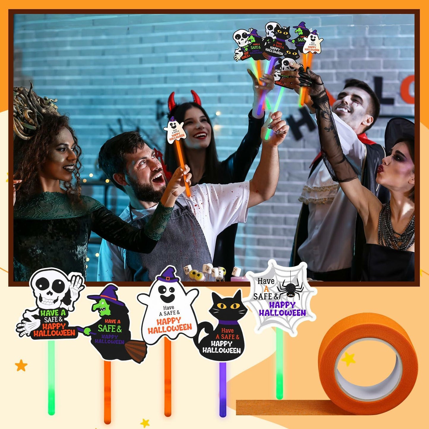 Realspring 24 Pcs Halloween Glow Sticks Purple Green Orange 0.4x7.8 Inch