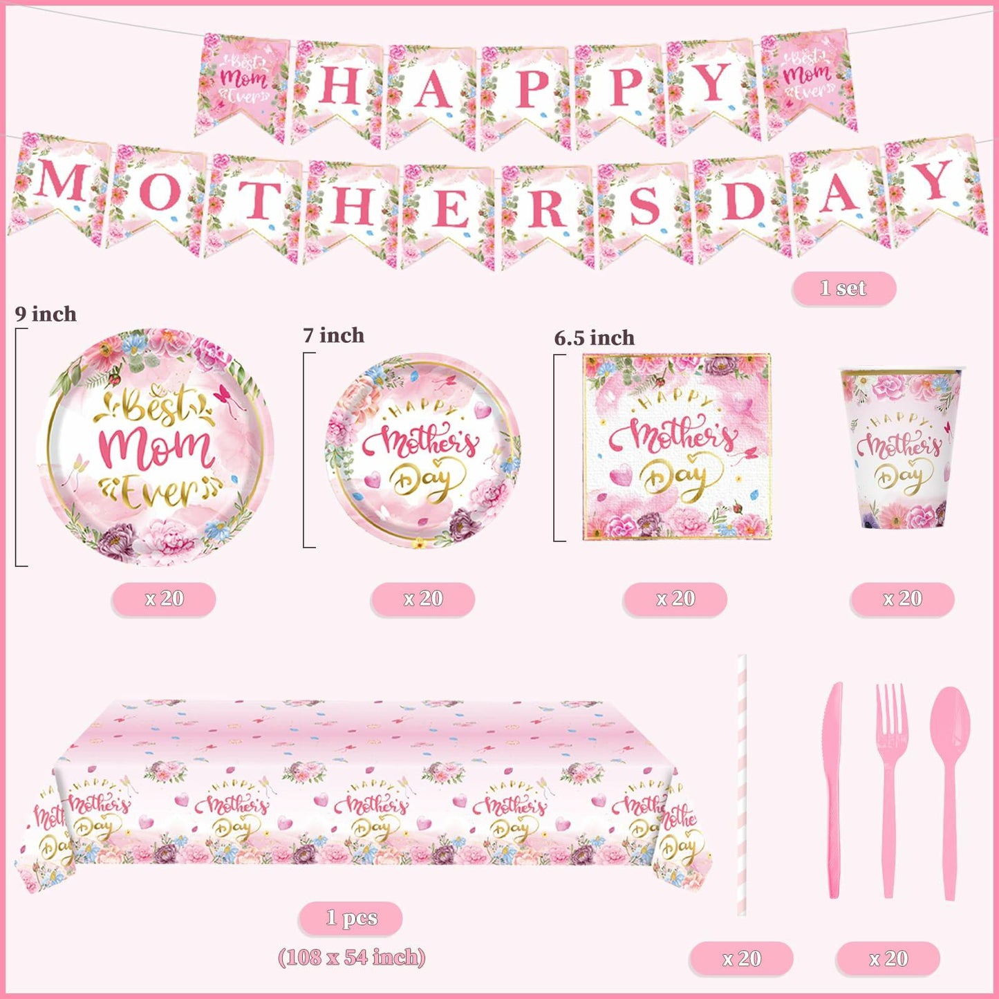 Janinus 162PCS Mothers Day Party Supplies Banner Tablecloth Heart Floral