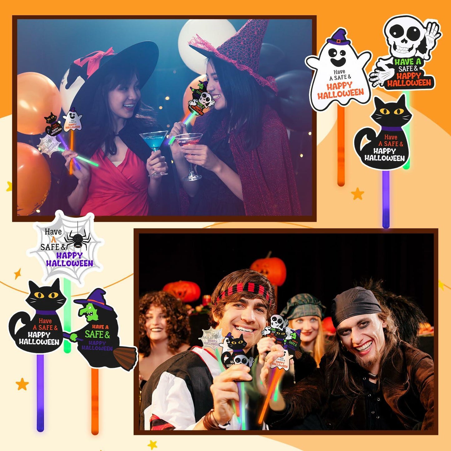 Realspring 24 Pcs Halloween Glow Sticks Purple Green Orange 0.4x7.8 Inch