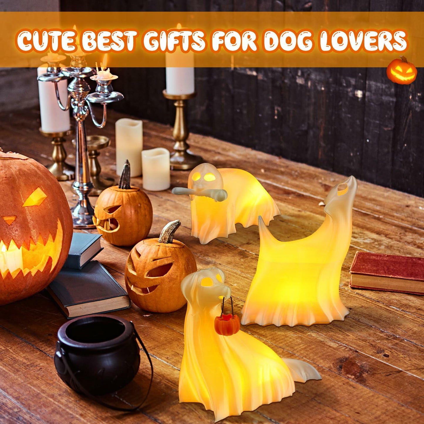 Roowest Light Up Halloween Ghost Dog Figurines Set of 3 White