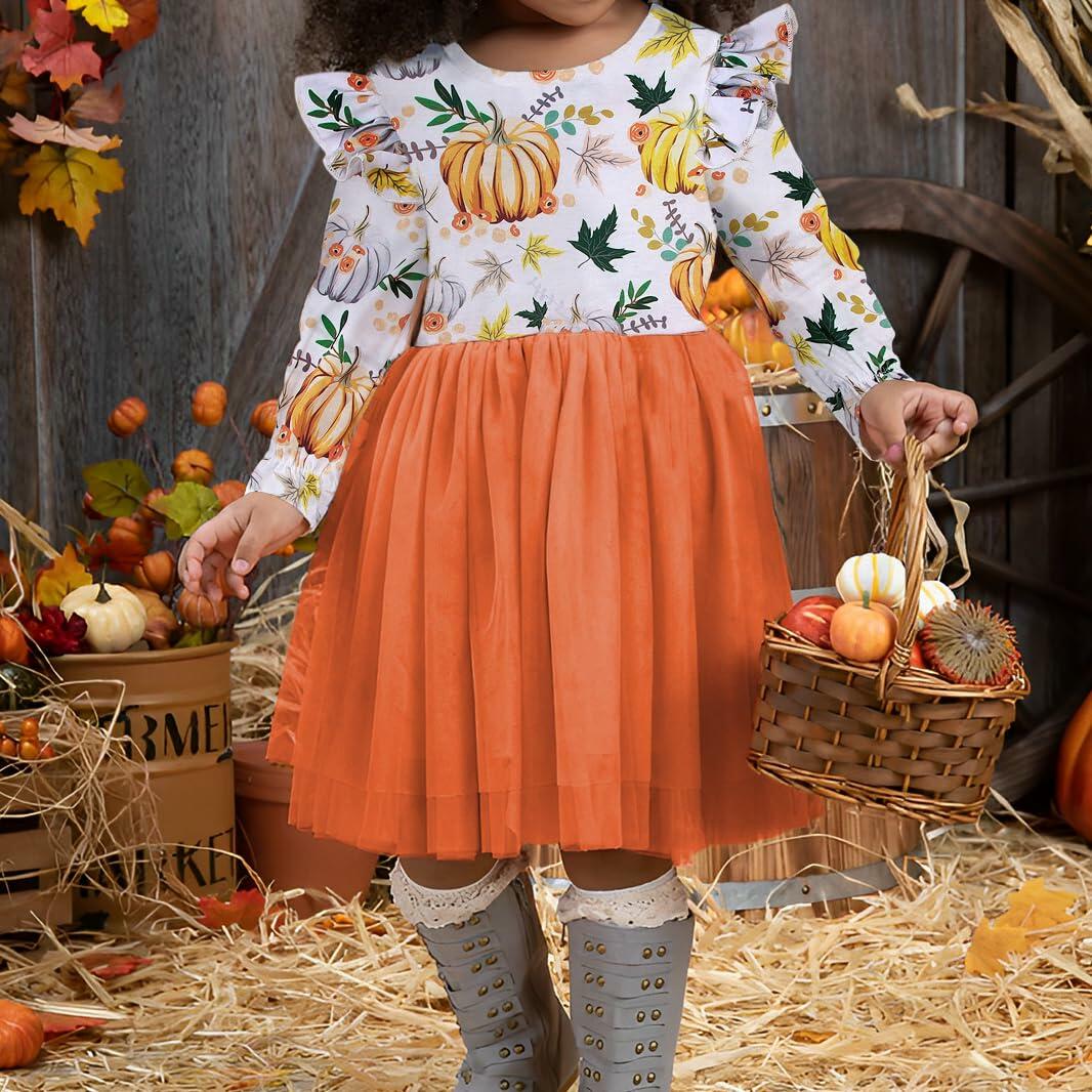 C&M WODRO Toddler Girl Thanksgiving Pumpkin Tulle Dress Pumpkin+Leaf 3-4T