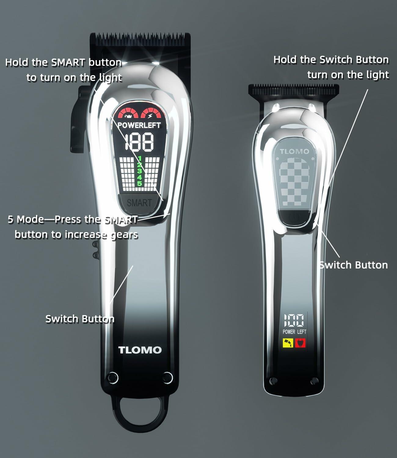 TLOMO Professional Cordless Hair Clippers Kit for Men with LED Display Silver