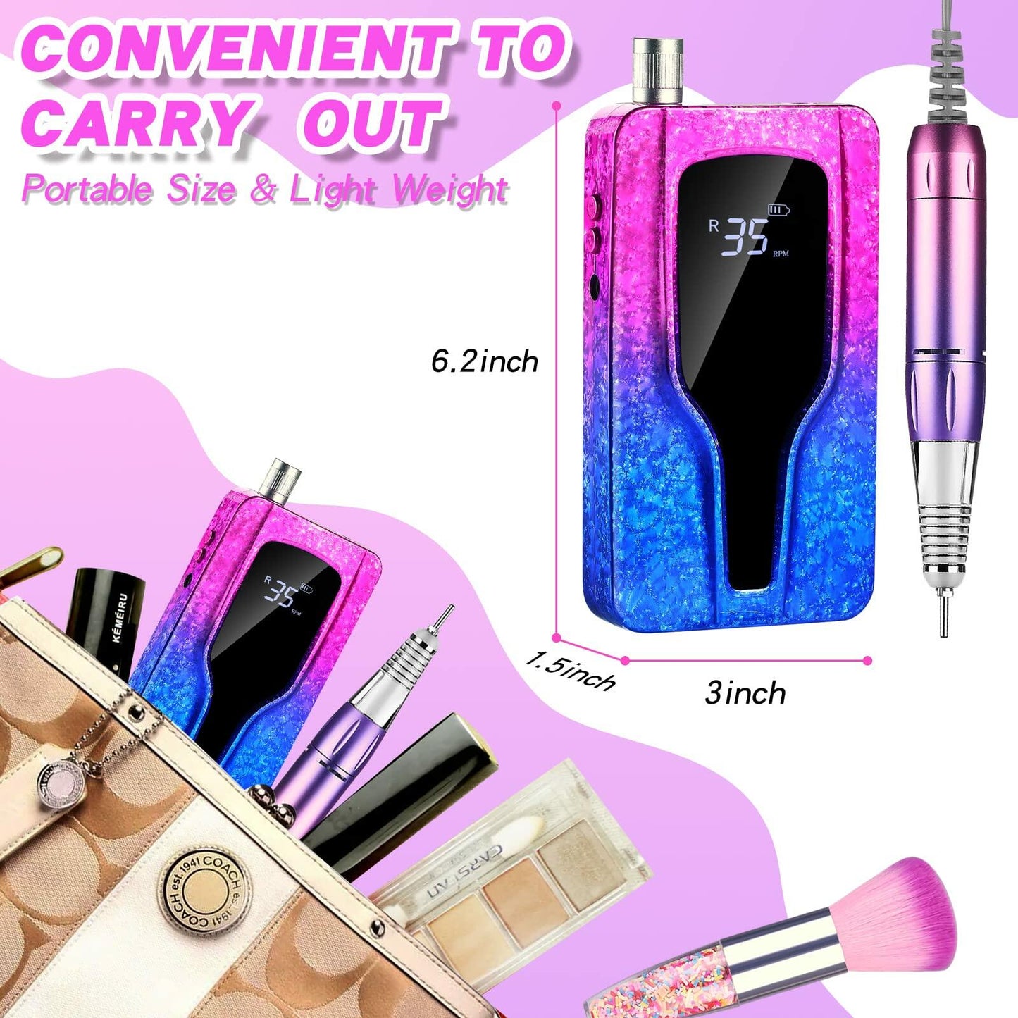 LEEMOOP Electric Nail Drill 35000RPM Cordless Efile Kit 12 Bits Light Orange