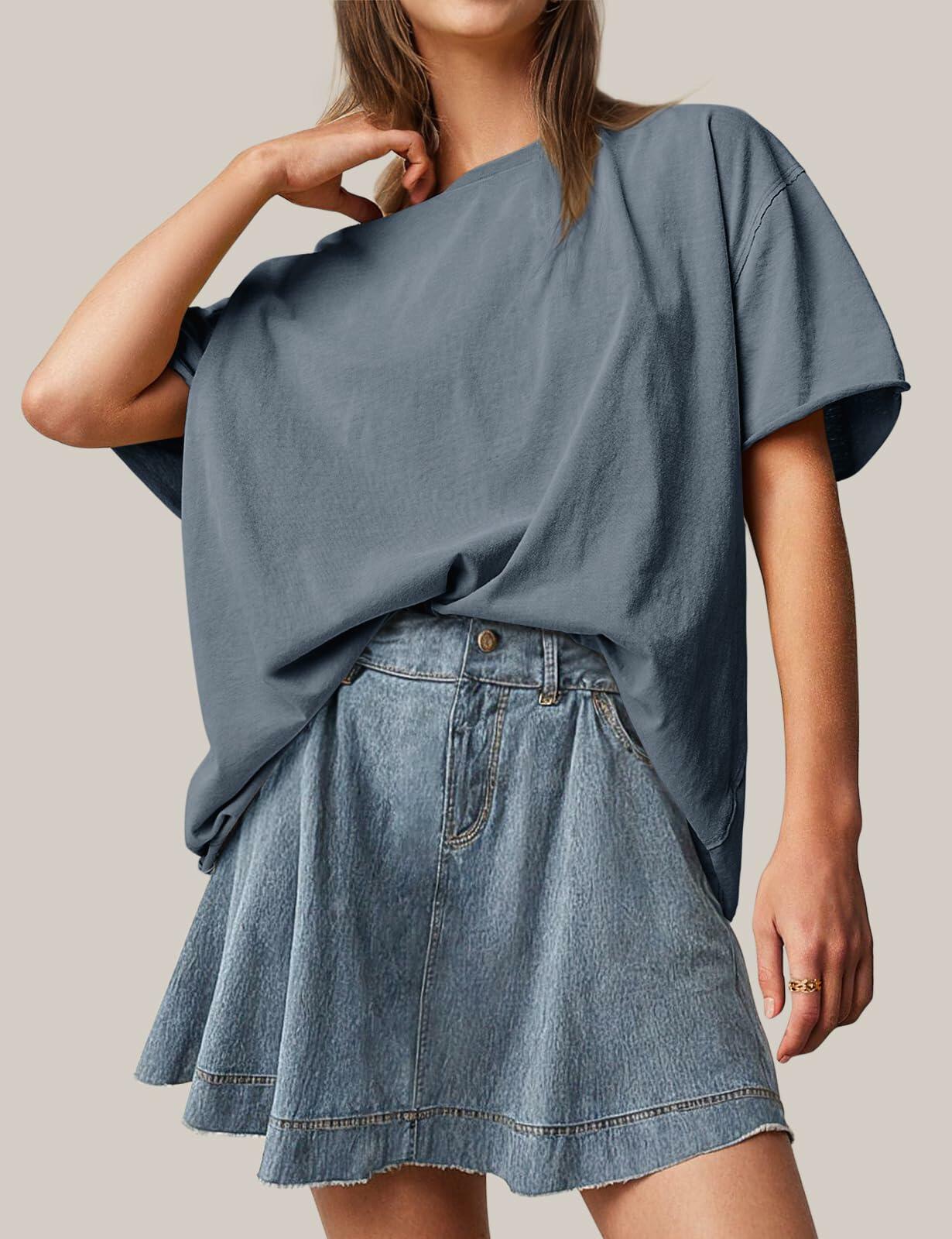 TARSE Oversized Loose Fit Cotton Tunic Tee Women Short Sleeve Blue Mirage Small