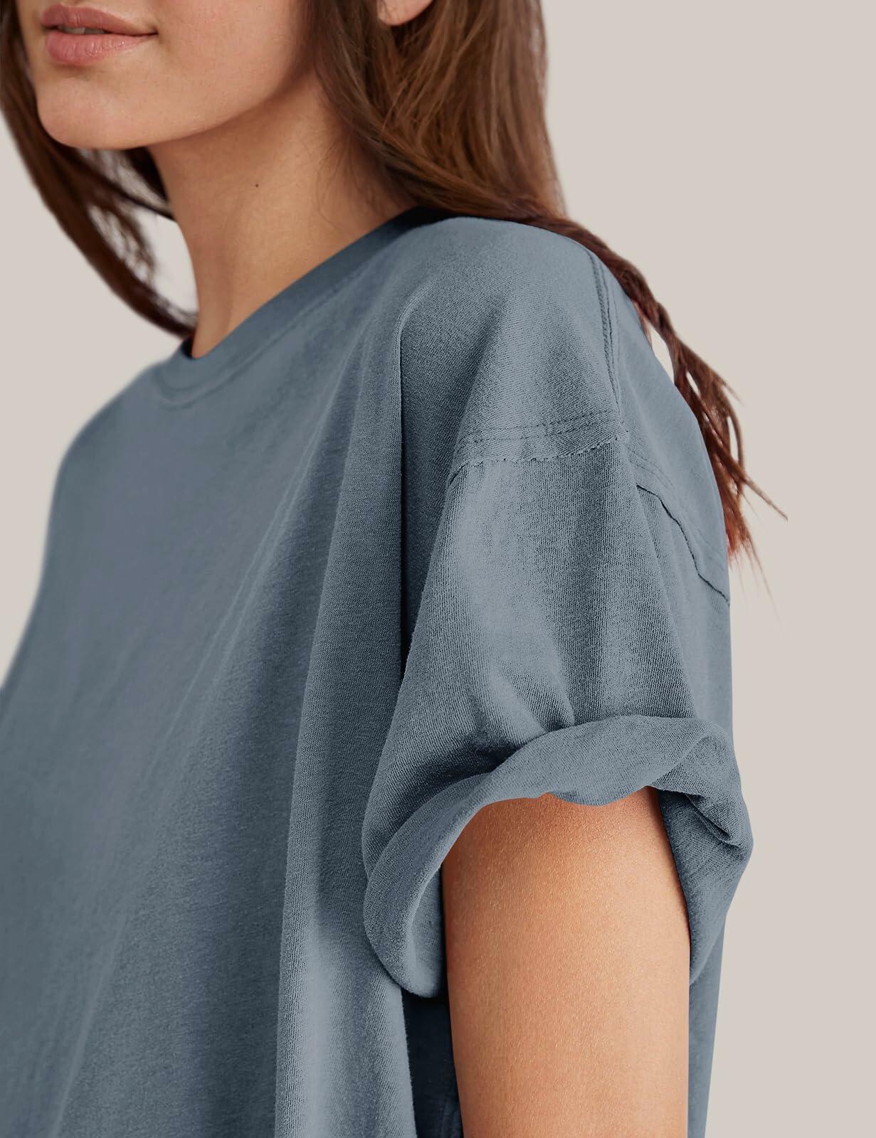 TARSE Oversized Loose Fit Cotton Tunic Tee Women Short Sleeve Blue Mirage Small