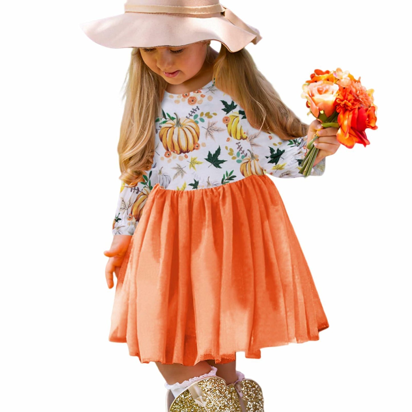 C&M WODRO Toddler Girl Thanksgiving Pumpkin Tulle Dress Pumpkin+Leaf 3-4T