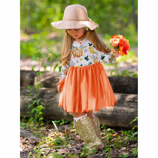 C&M WODRO Toddler Girl Thanksgiving Pumpkin Tulle Dress Pumpkin+Leaf 3-4T