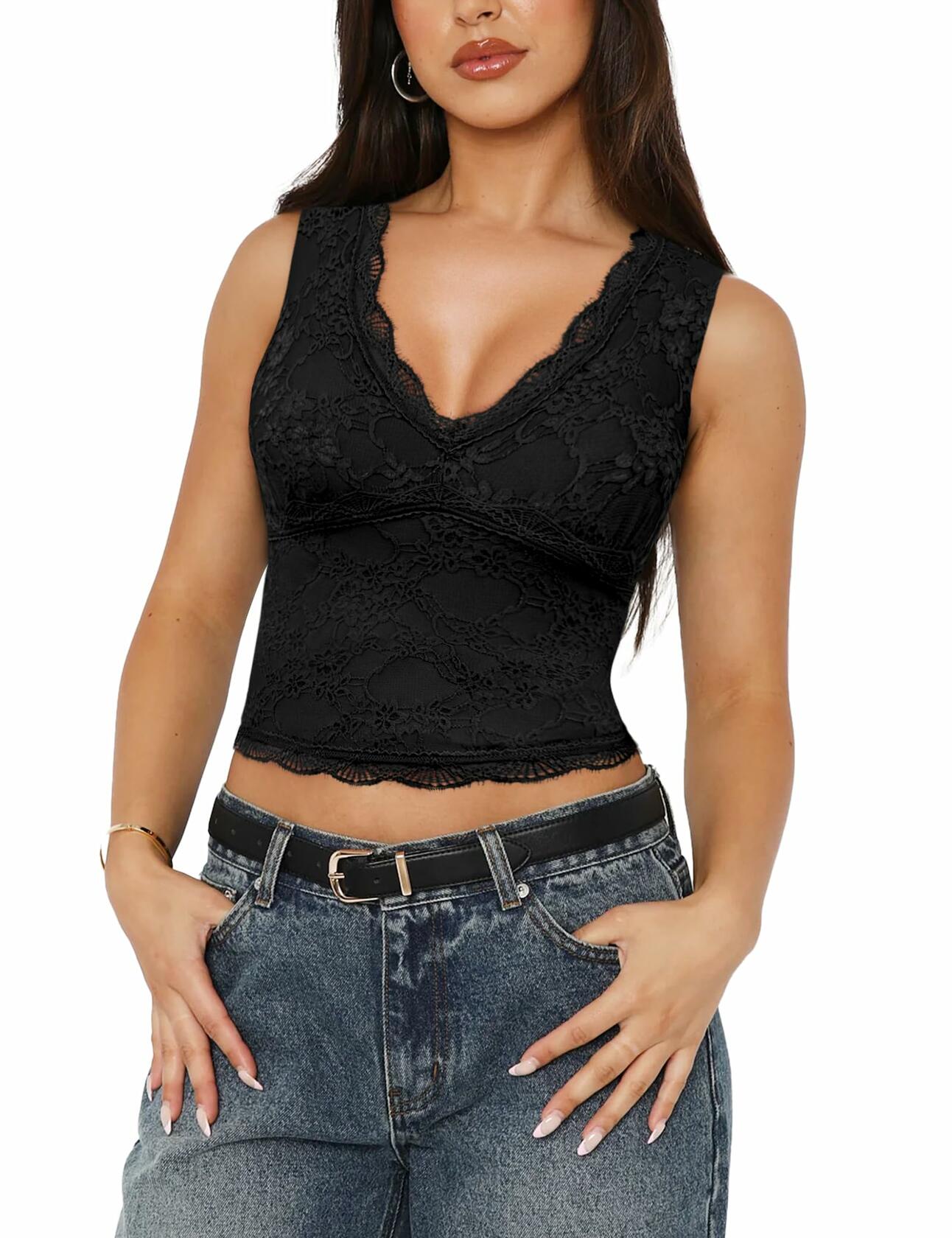 SAUNGKUAI Women's Sexy V Neck Sleeveless Lace Floral Top NavyBlue Size XXL