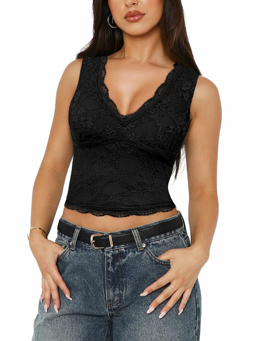 SAUNGKUAI Women's Sexy V Neck Sleeveless Lace Floral Top NavyBlue Size XXL