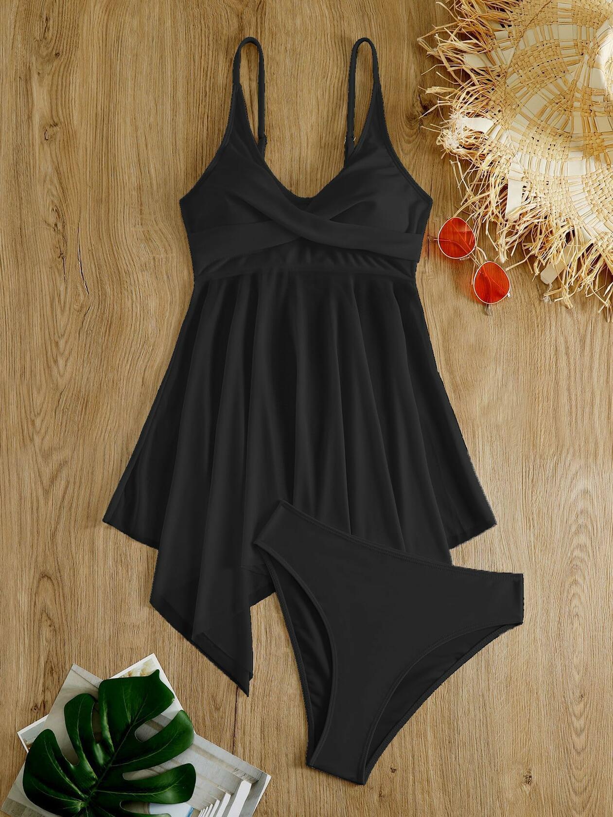 Leoparts Women's Two Piece Mesh Tankini Swimdress High Waist Bottom Size S Black