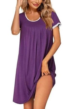 Dookttker Women's Cotton Rayon Short Sleeve Pleated Nightgown Purple Size XL