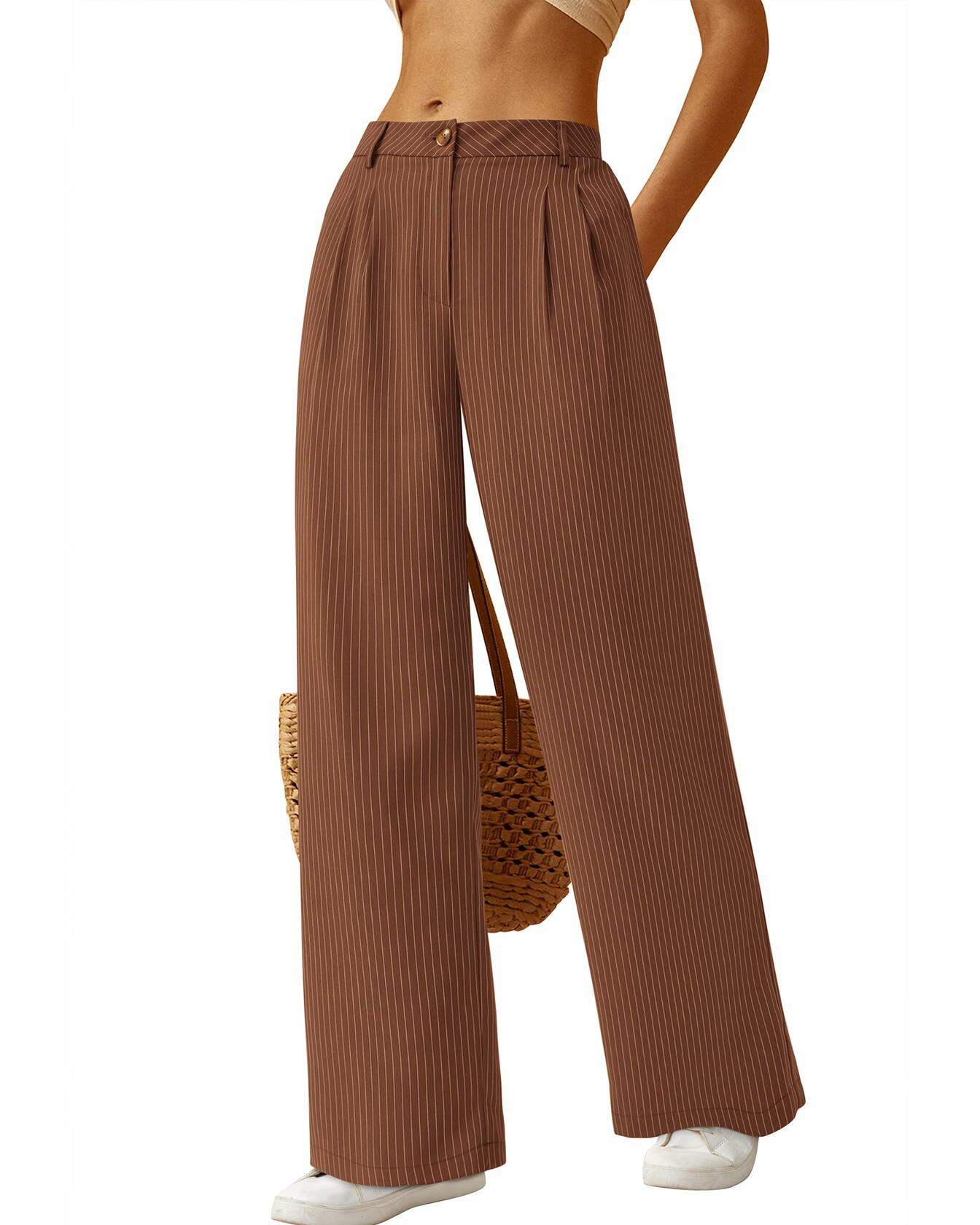 BTFBM Women Striped Wide Leg Palazzo Dress Pants Khaki Size 8