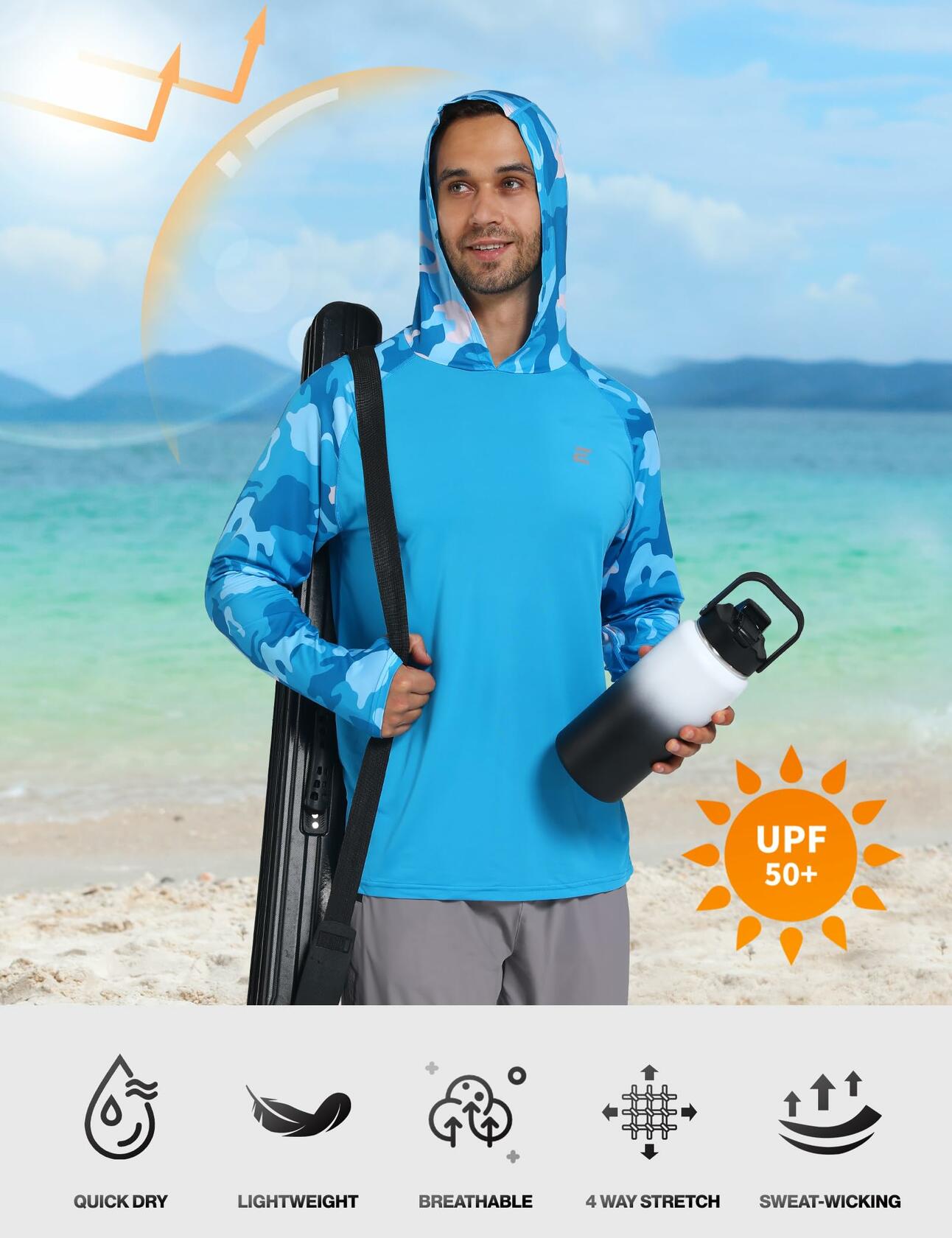 Endyart Men's UPF 50+ UV Hoodie Rash Guard Shirt Long Sleeve Camo Blue Size S