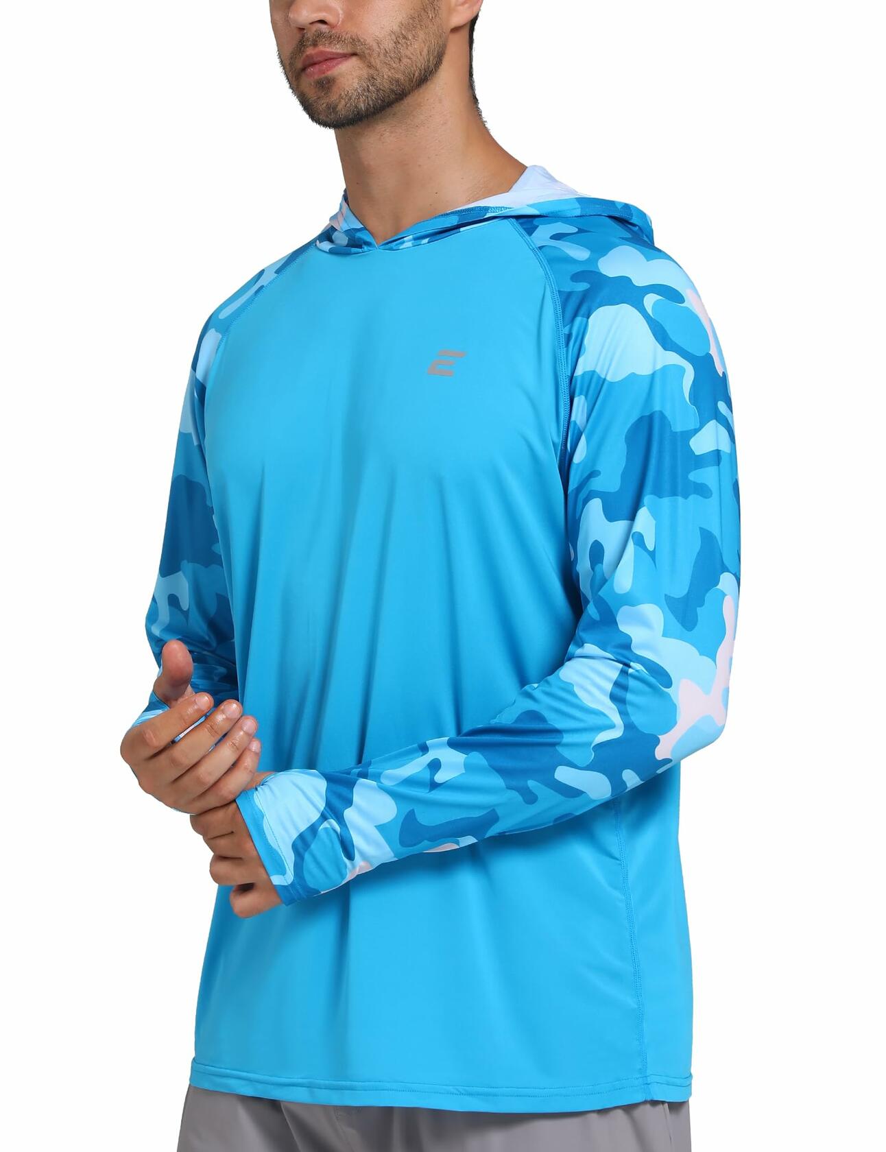 Endyart Men's UPF 50+ UV Hoodie Rash Guard Shirt Long Sleeve Camo Blue Size S