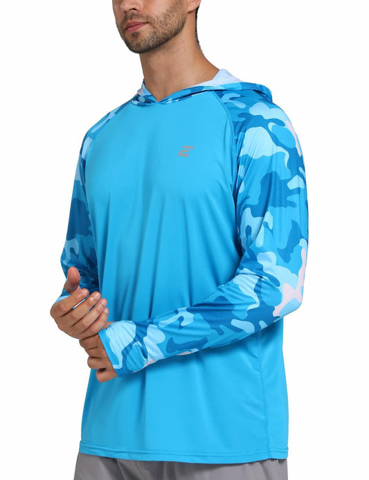 Endyart Men's UPF 50+ UV Hoodie Rash Guard Shirt Long Sleeve Camo Blue Size S