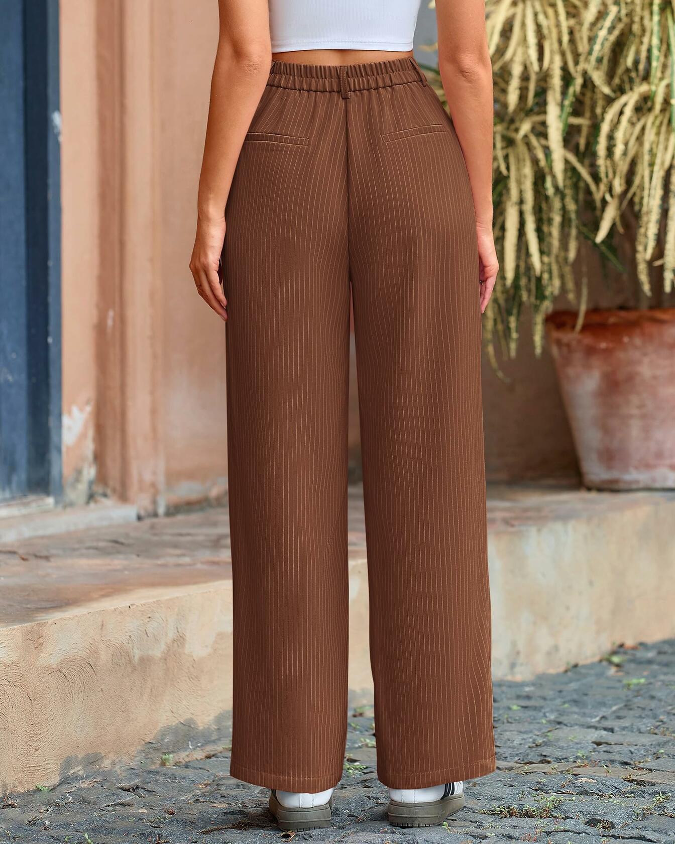 BTFBM Women Striped Wide Leg Palazzo Dress Pants Khaki Size 8