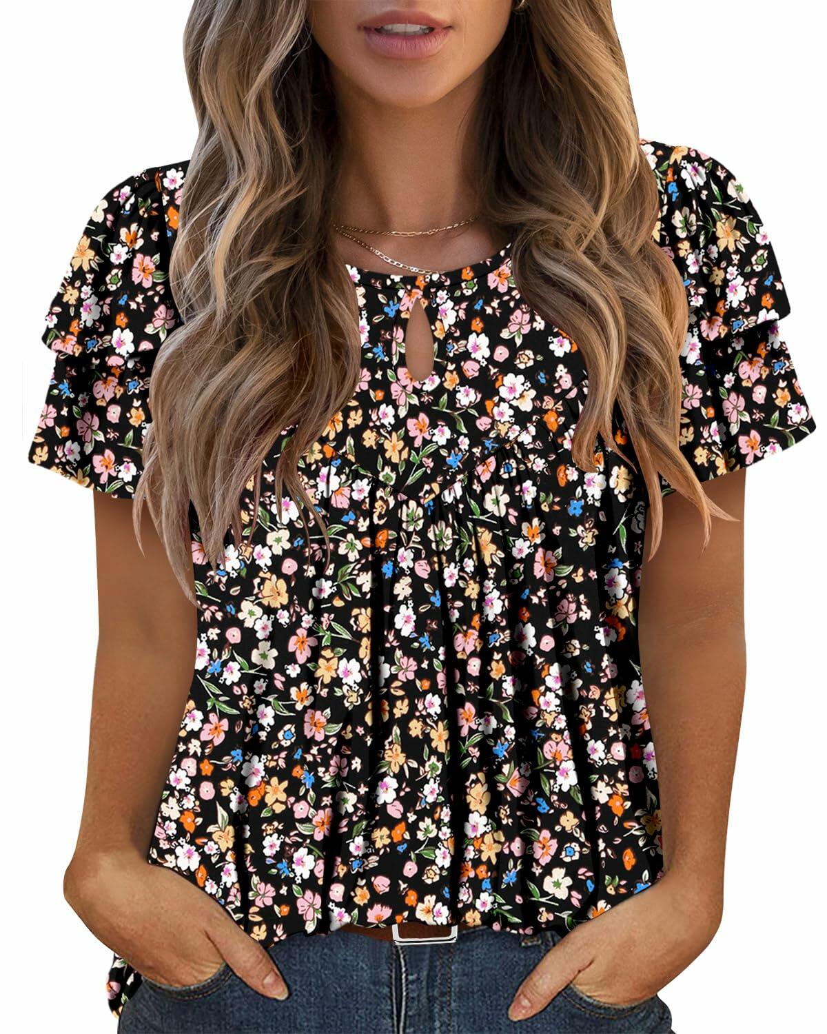 Angerella Ladies Black Floral Bohemian Crew Neck Tee Shirt XL