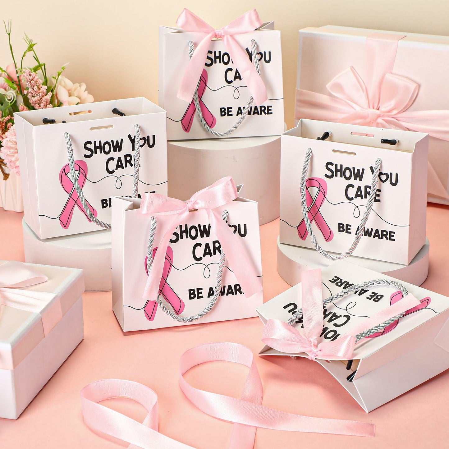 Weekgrat 25 Pack Breast Cancer Awareness Gift Bags Pink Ribbon 5.51x2.36x4.72in