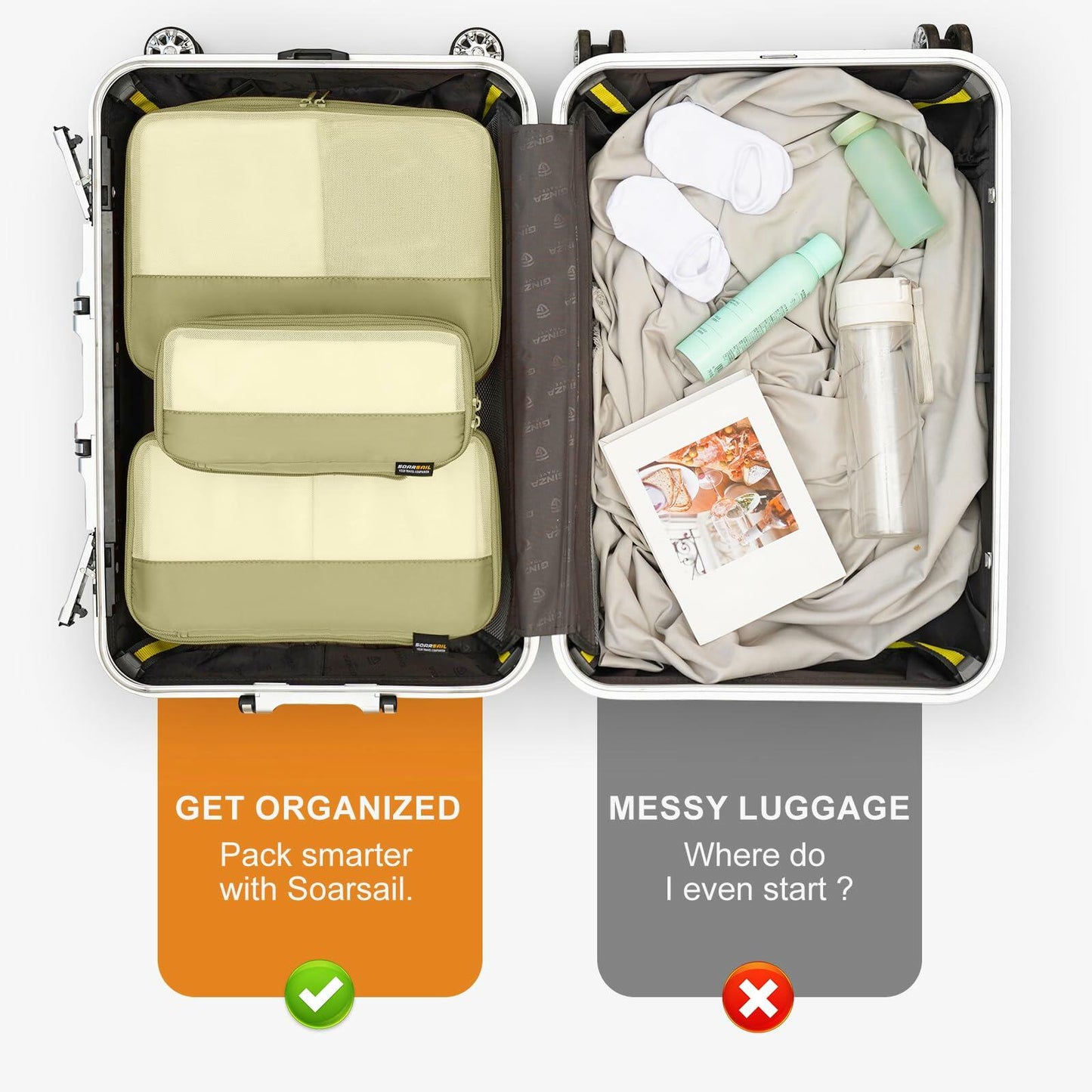 SOARSAIL 6 Set Compression Packing Cubes Travel Luggage Organizer Yellow