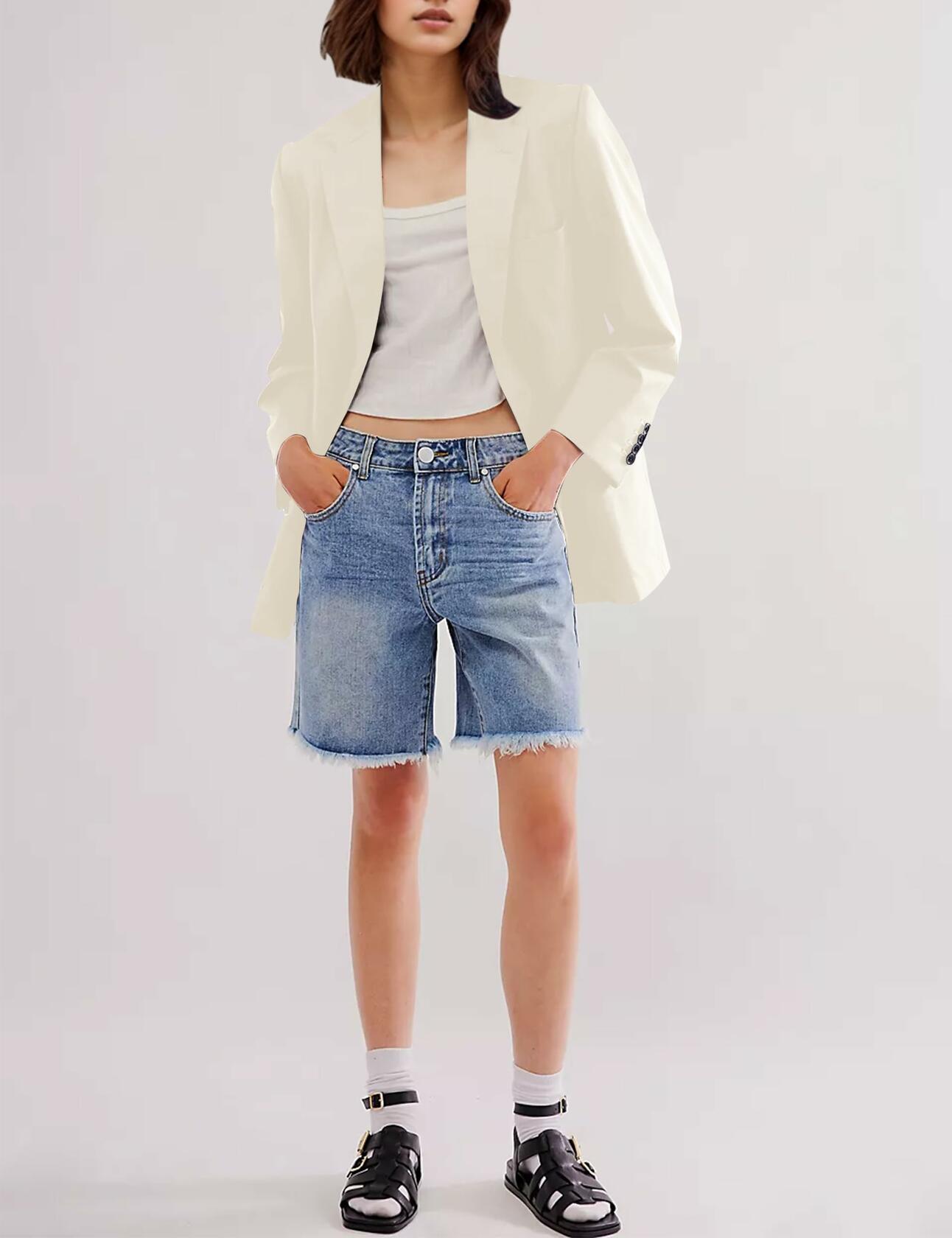 ICOBID Women Oversized Bow Tie Blazer Jacket Lapel Button Grey Size L